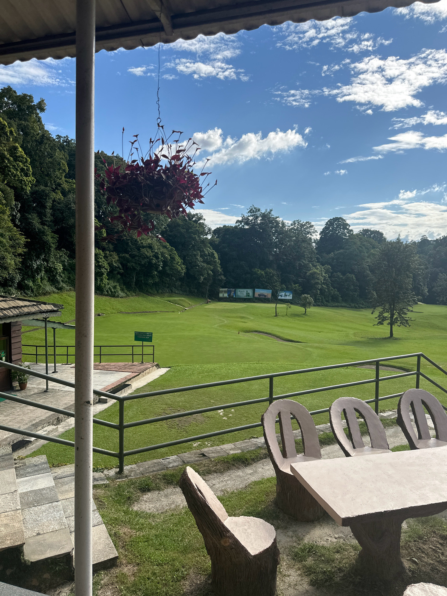The image shows a view of a golf course from a covered patio area in Kageshwori Manohara, Nepal. In the foreground, there is a table and four chairs made of concrete with a wood-grain finish. The chairs are shaped like tree stumps with carved backs. Beyond the patio, there is a well-maintained green golf course with gently rolling hills. Trees and lush vegetation form a dense backdrop to the golf course. The sky is blue with scattered white clouds. A hanging basket of dark red-leafed plants is suspended from the roof of the patio. There is a small wooden building to the left of the frame. In the distance, there are several billboards.