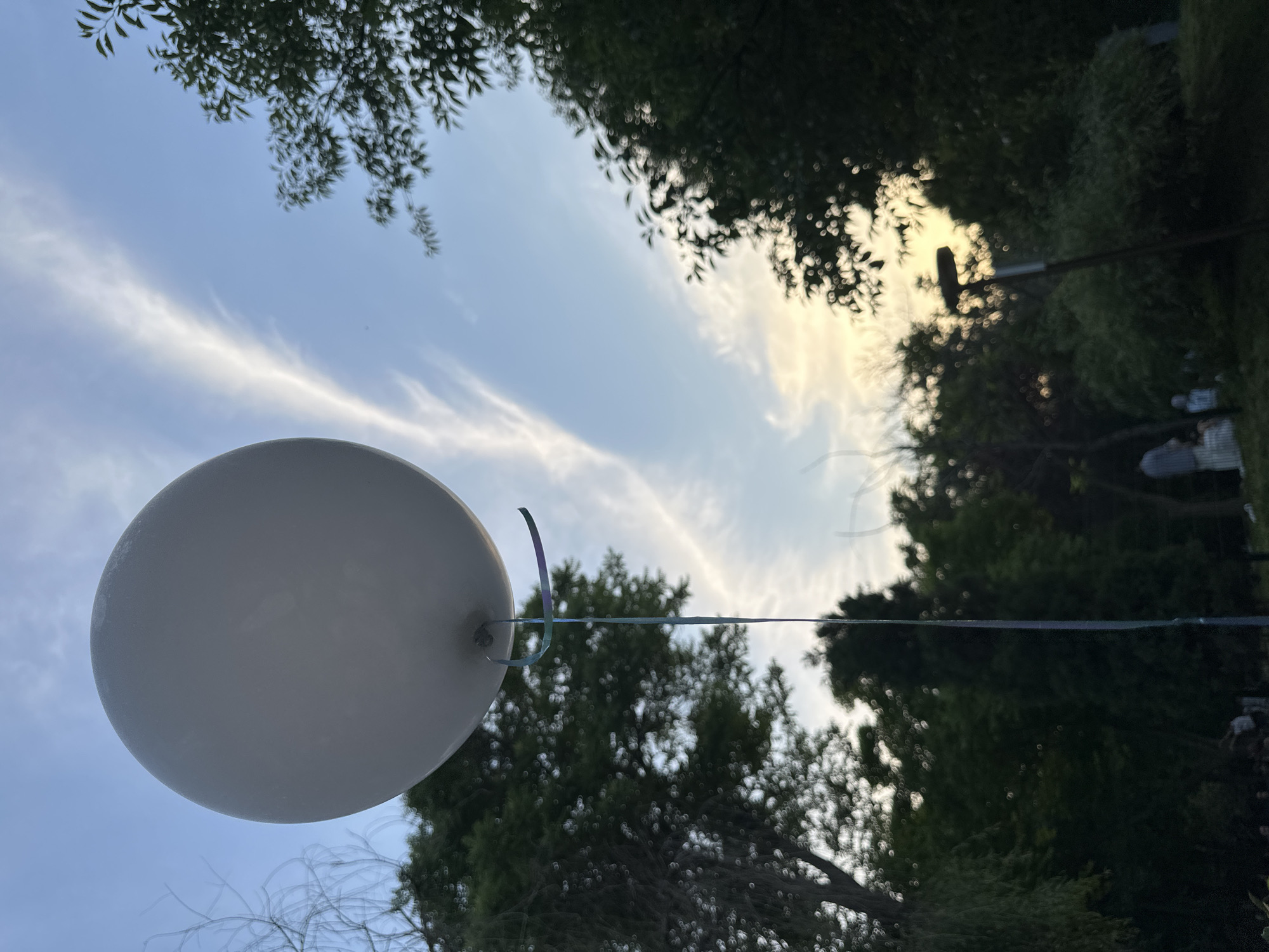 A low-angle shot shows a white balloon tied with a blue ribbon, floating against a backdrop of a blue, partially cloudy sky and tree foliage. The location is suggested to be Tashkent, Uzbekistan.