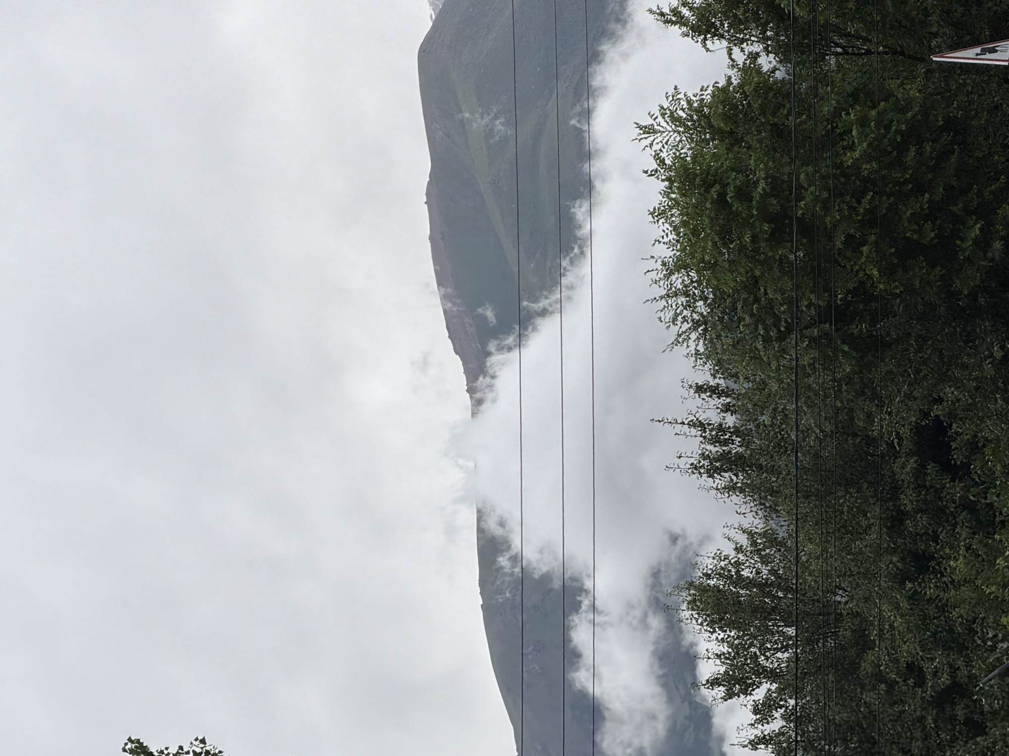 A cloudy, overcast day in Kara-Oy, Kyrgyzstan, presents a mountain range partially obscured by clouds and fog. In the foreground, dense green trees form a dark canopy, with several horizontal power lines running across the scene in front of the mountains. The mountains themselves are covered in green vegetation, with patches of exposed rock and some reddish-brown soil visible near the summit. The sky is a uniform light gray, indicating diffused daylight. No people or animals are visible in the frame.