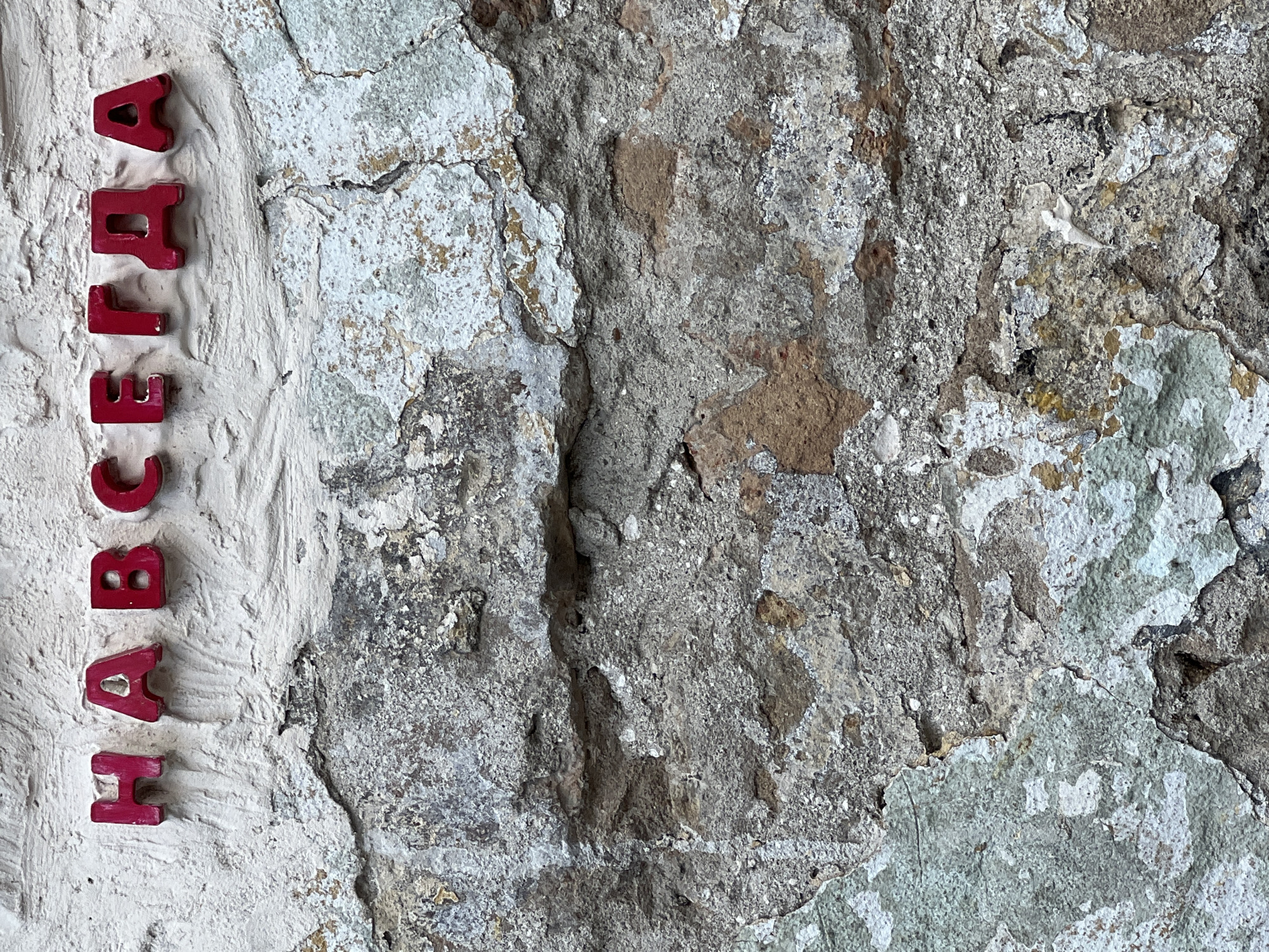 Close-up shot of a weathered wall, possibly in Belgrade, Serbia. The wall is divided into two distinct textures. The left section is covered in white plaster or stucco, which is cracked and uneven. Embedded vertically in this section are red letters spelling "HABECARLA". The right section appears to be bare rock or concrete, showing signs of wear, erosion, and discoloration with shades of gray and brown. The wall’s surface is rough, with irregular shapes.