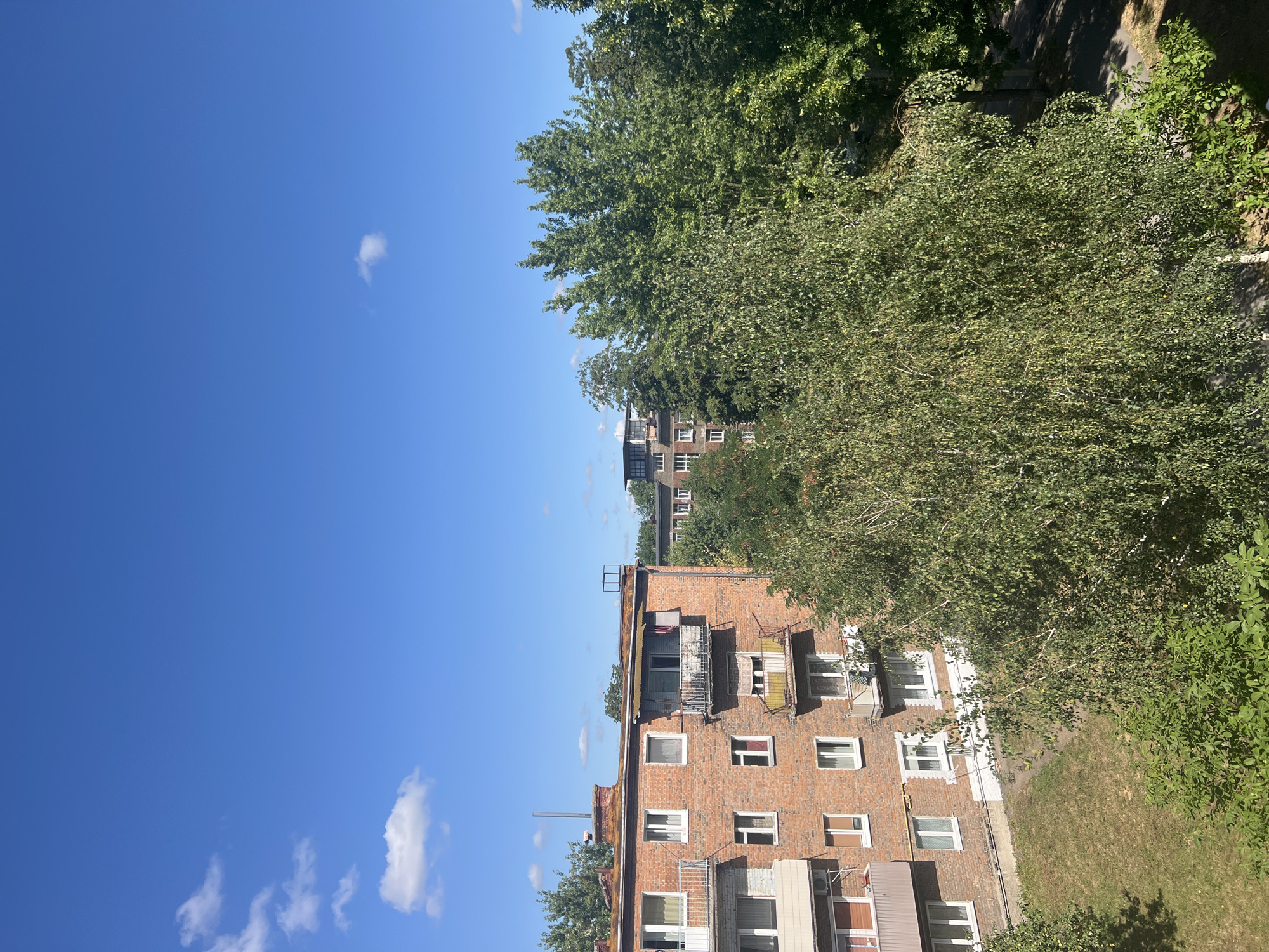 This image shows a residential building made of red brick with several windows and balconies. Trees are growing in front of and around the building. The sky is blue with a few white clouds. This is a view of an apartment building in Sheptytskyi, Ukraine.