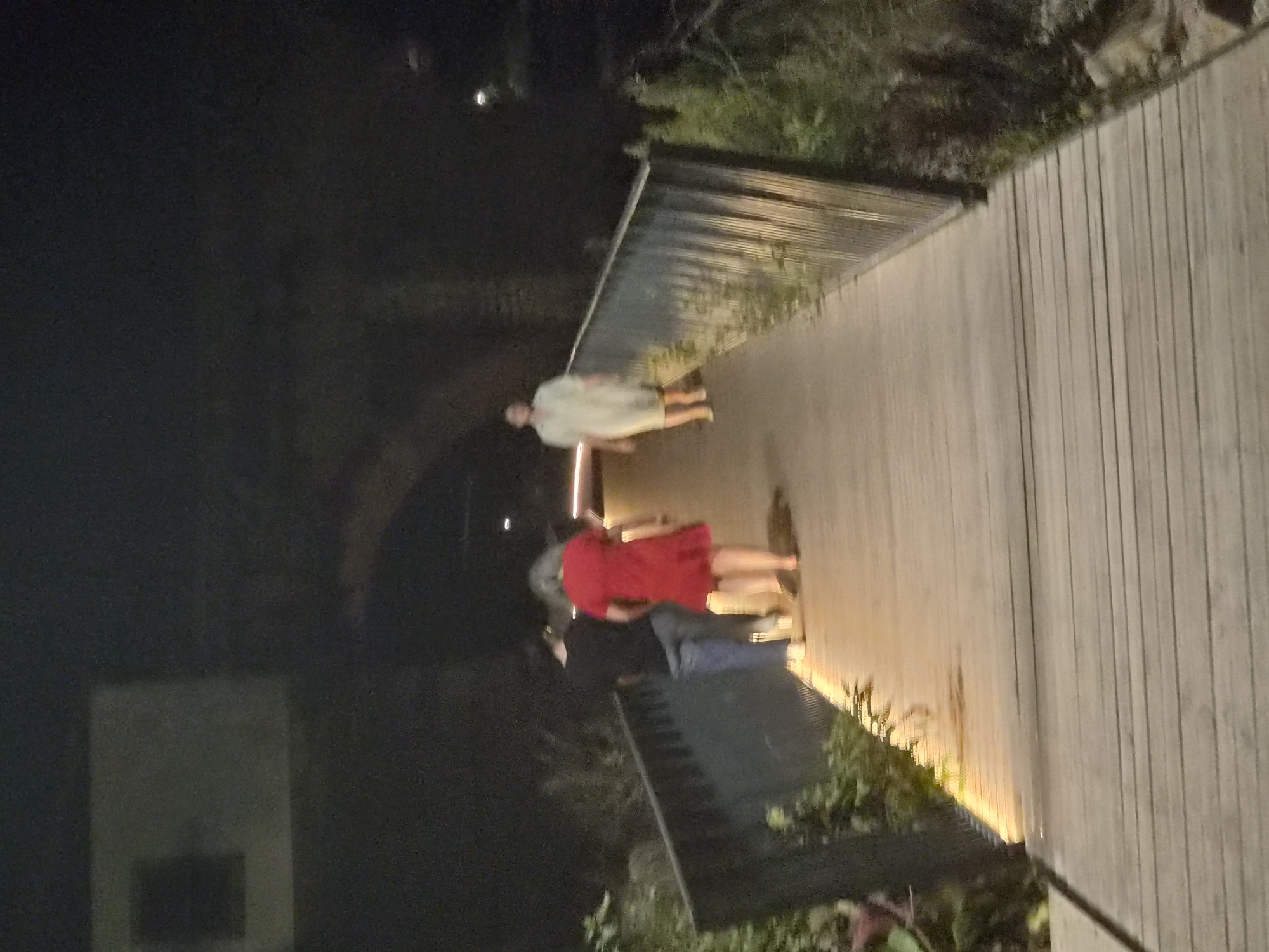 An over-the-shoulder, slightly blurred, low-light nighttime photograph captures a wooden walkway, likely a bridge, with a railing on the left. Three individuals are walking away from the camera on the walkway. The person in the foreground on the left is wearing a black t-shirt and jeans. To their right, a person in a red dress is walking. Further ahead and to the right, a third person is wearing a light-colored garment. The walkway is illuminated by warm, embedded lights along the left edge, casting shadows on the wooden planks. Dense foliage is visible to the left of the walkway and on the right, near the railing. In the background, a dark, arched structure is faintly visible, suggesting it could be a bridge or an underpass. A dimly lit building with a dark rectangular opening is present in the upper left quadrant of the image. The overall scene depicts a casual nighttime stroll in an outdoor urban or park setting.