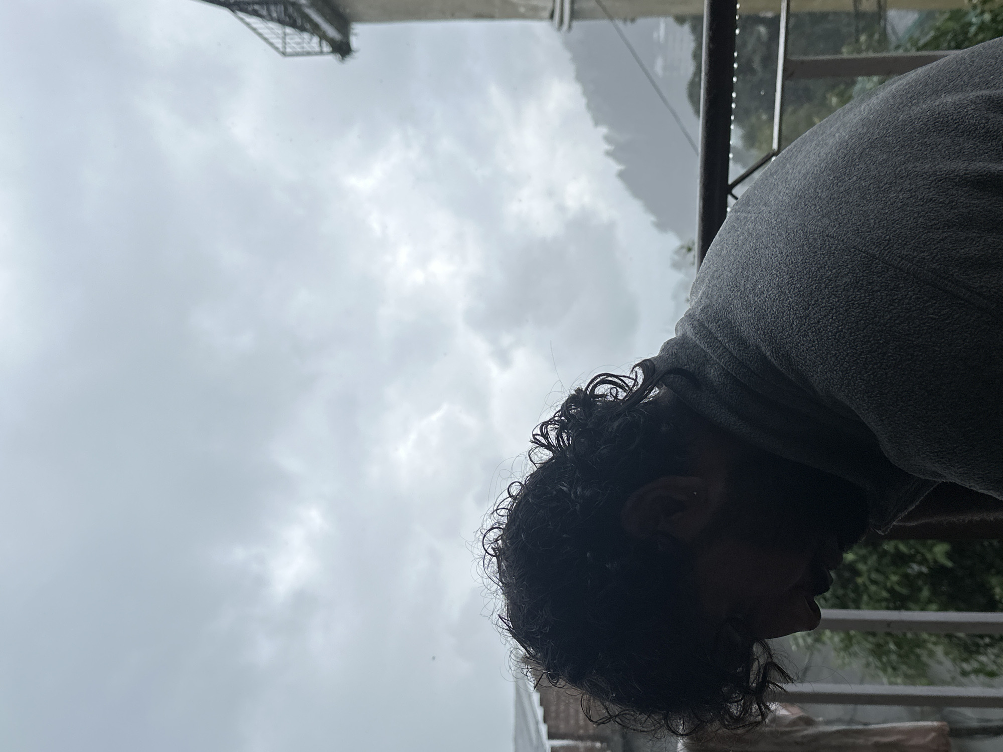 A medium shot captures a person with dark, curly hair from the chest up, facing left in profile. They are wearing a gray, fleece-like garment. The background is a cloudy sky with hints of mountains and trees visible through the overcast conditions. A balcony railing with droplets of water on it is visible in the mid-ground, suggesting it is raining or has recently rained. The overall atmosphere is muted and appears to be a cool, possibly damp, day. There is no specific indication of the location being in the city of Haini, India.
