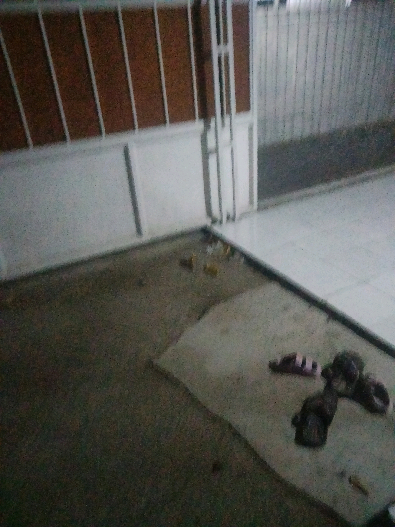 In the city of Suka Sari, Indonesia, an outdoor scene is captured. The foreground features a concrete surface, partially covered by a light-colored mat. On the mat, two pairs of footwear are visible. One pair appears to be sandals with a striped pattern on the straps, while the other is darker and chunkier, possibly sandals or flip-flops. The midground shows a transition from the concrete to a darker, rougher ground. Beyond this, a white gate with vertical brown panels is present, and to the right of the gate, a metal fence extends into the background. The lighting suggests it might be dusk or a dimly lit area.