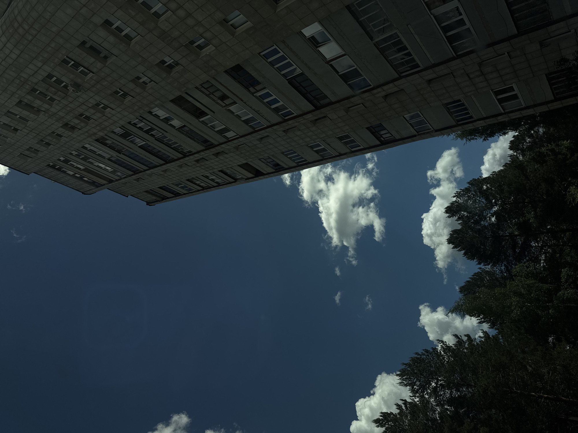 The image depicts a view upwards towards a tall, grey concrete building in Chaikovsky, Russia. The building's facade is visible, featuring rows of windows. The sky is predominantly dark blue with scattered white clouds. The upper right corner of the frame contains the dark green foliage of trees. The image is oriented upside down, with the building positioned at the top and the sky dominating the middle and lower sections.