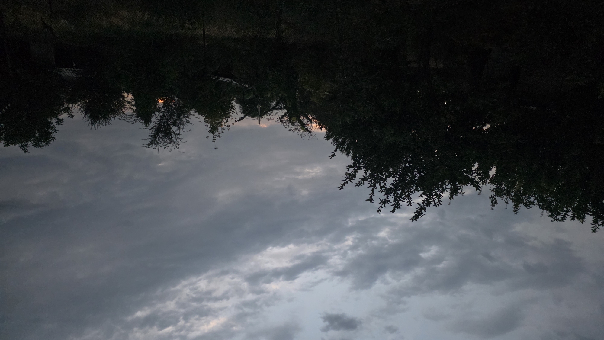 The image depicts a dark, overcast sky with heavy clouds. Silhouetted trees and vegetation dominate the foreground and midground, obscuring much of the landscape. A faint, orange glow, possibly from the setting sun, is visible through a gap in the trees on the right side of the image. The overall impression is one of twilight or a stormy day. There are no discernible people or animals in the frame. The scene appears to be rural or on the outskirts of a settlement, with hints of structures, possibly buildings or sheds, peeking through the trees. The location in the city of Chuy, Kyrgyzstan, is not directly evident from the visual elements of the photograph itself.