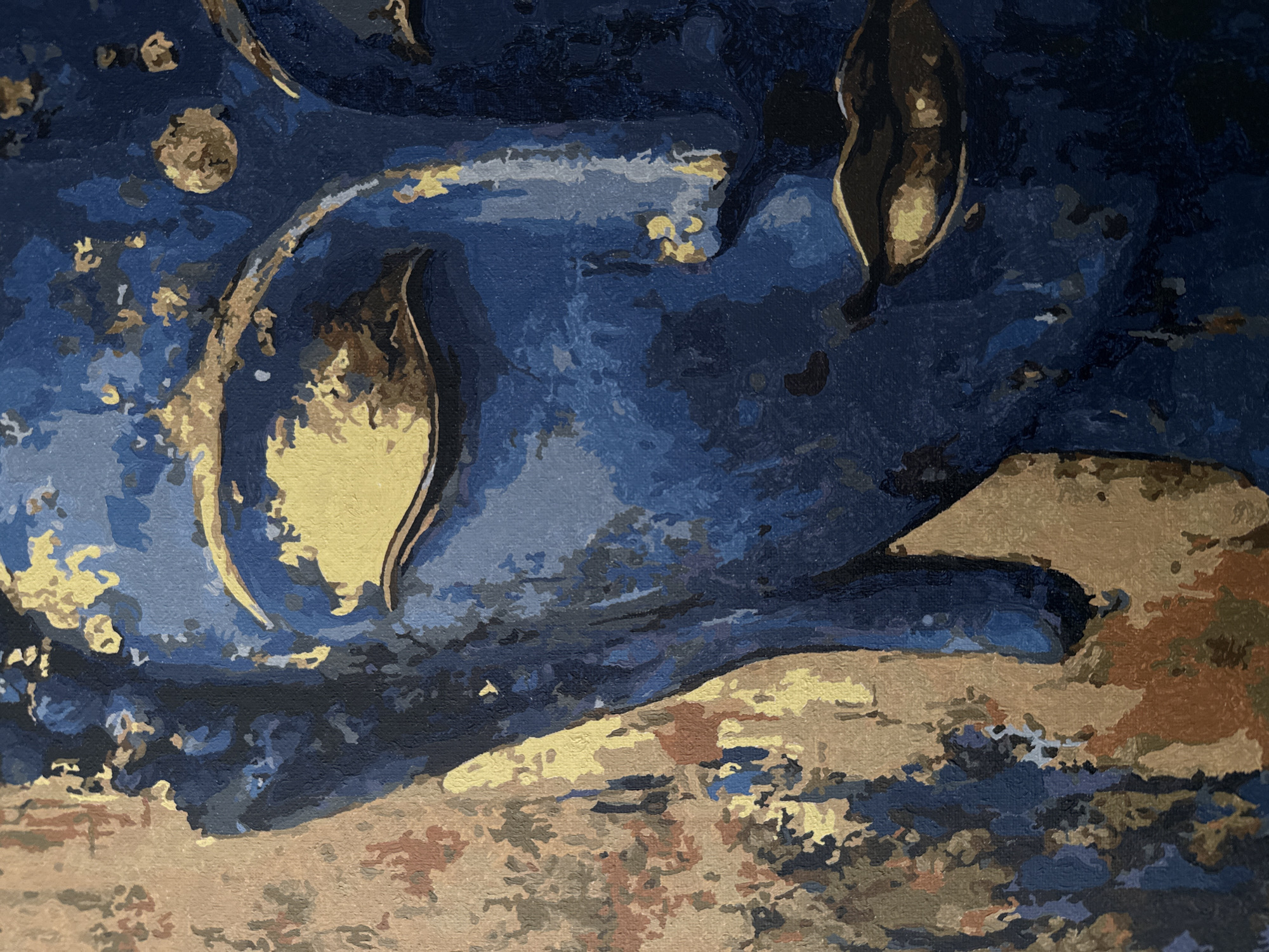 This is a close-up, abstract painting of a Buddha's face. The dominant colors are deep blues and gold. The face is rendered with broad, textured strokes, creating a sense of depth and dimensionality. The gold accents highlight the eyes, lips, and parts of the forehead and cheek, giving the impression of ornate decoration or perhaps an ethereal glow. The background is a textured blend of earthy tones, including beige, brown, and some muted reddish-browns, with patches of lighter tan and darker splotches. The overall impression is one of serene contemplation. The image does not depict any specific location in the city of Khan Mean Chey, Cambodia, or any identifiable people.