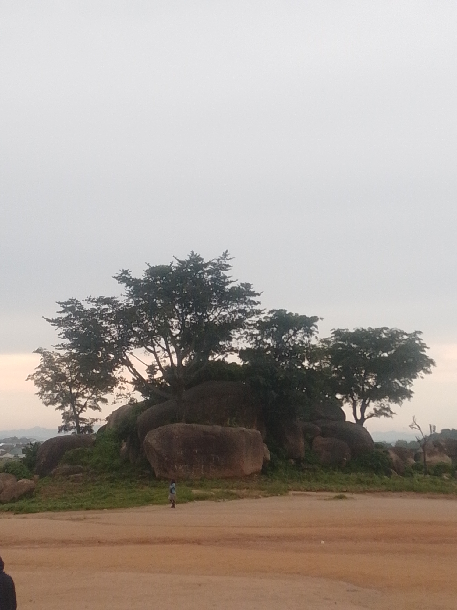 A wide shot captures a landscape featuring large, rounded boulders scattered across a grassy hill, topped with several trees. The sky is overcast and light gray, suggesting either early morning or late evening. In the mid-ground, a lone figure, appearing to be a young person wearing a blue shirt and shorts, stands on the grass near the boulders. The foreground consists of a sandy, dirt path. The scene is characterized by natural elements with subtle signs of human presence.