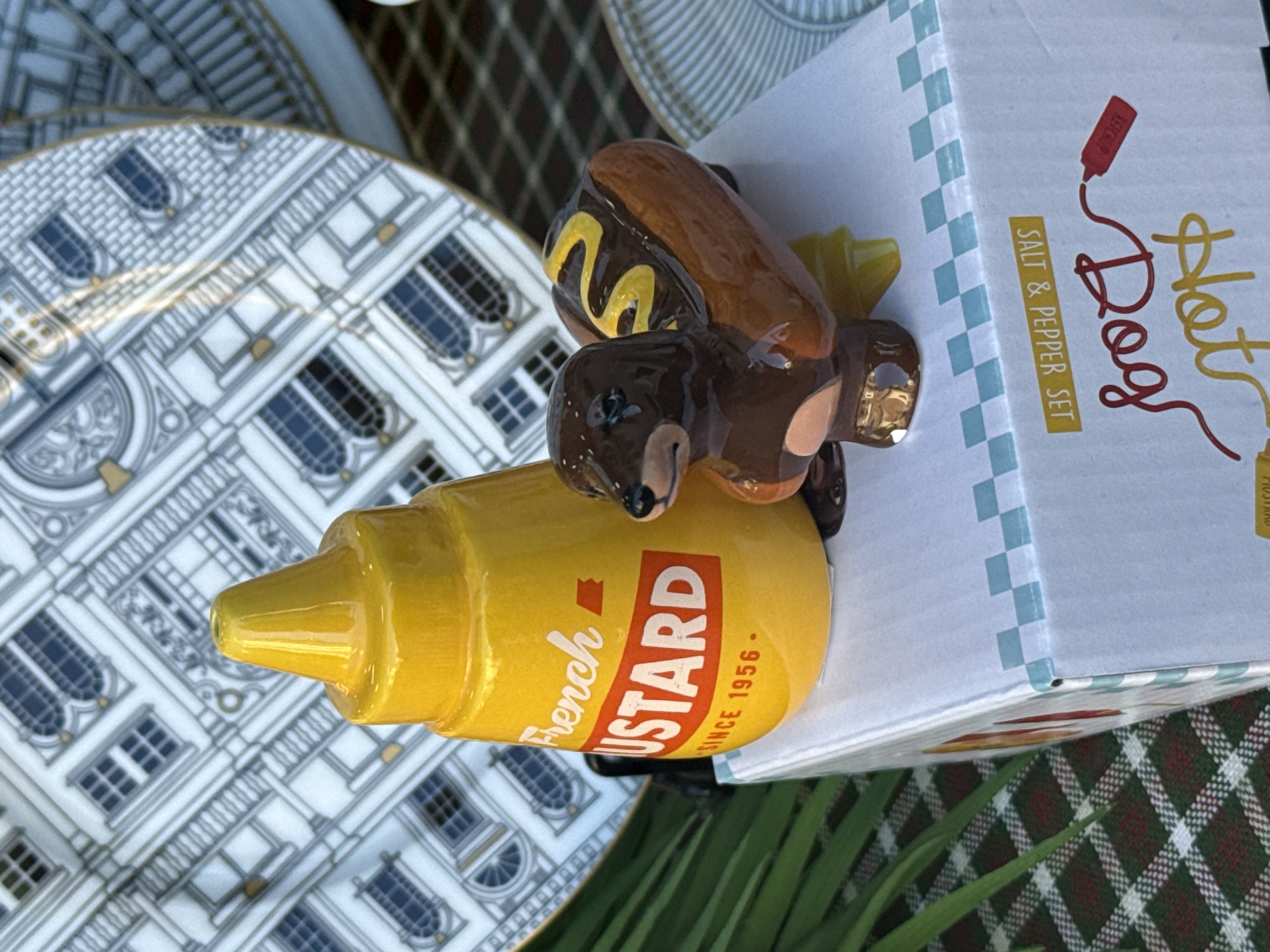 An overhead, slightly angled shot reveals a whimsical "Hot Dog" themed salt and pepper shaker set, positioned on a white box, alongside decorative plates and a checkered background.
The main subject is a brown ceramic figure resembling a dachshund, with yellow zig-zag stripes on its back. This dog figure is intertwined with a bright yellow mustard bottle, clearly labeled "French's MUSTARD SINCE 1956" in red and white text. The mustard bottle serves as one of the shakers. The other shaker is not fully visible but is part of the set, suggested by the packaging.
The white cardboard box on which the shakers rest features a light blue checkered pattern along its edge. The top of the box is adorned with bold, stylized text reading "Hot Dog" in red and yellow, accompanied by a small drawing of a red ketchup bottle with a wavy red line indicating ketchup being dispensed. A yellow rectangular label on the box states "SALT & PEPPER SET".
In the background, several decorative plates with intricate architectural designs in gray and white are visible. These patterns depict building facades, windows, and columns. A dark green and brown checkered fabric, likely a tablecloth, provides a textured surface in the lower right corner, with some green plant leaves also peeking into the frame.
The lighting is bright and natural, suggesting it is daytime. There is no specific activity depicted, but the items appear to be displayed. The scene is located in the City of Zagreb, Croatia.