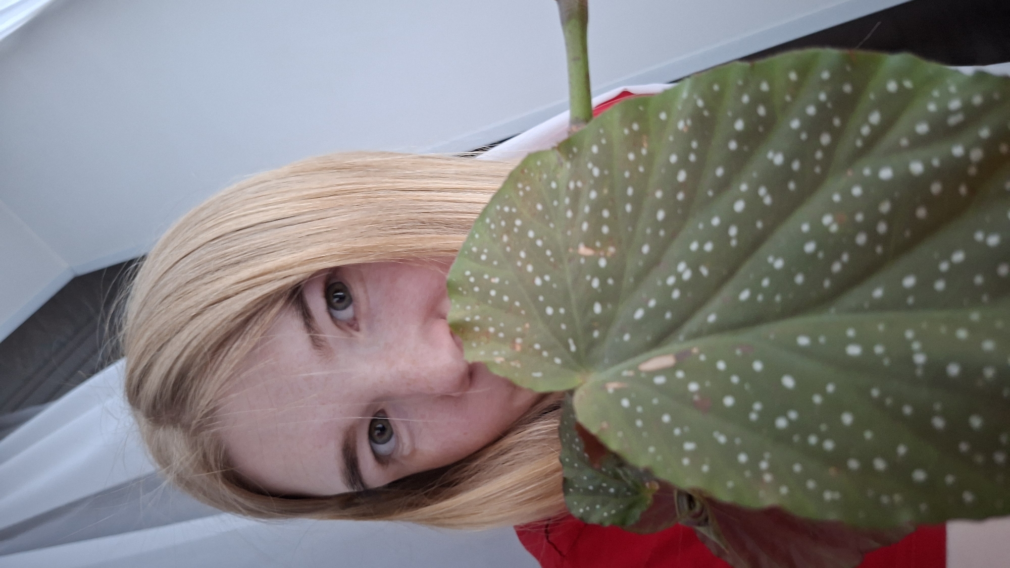 A light-skinned woman with fair hair and freckles is positioned in front of a green, spotted leaf. The leaf appears to be part of a plant, and it partially obscures her face. The woman's eyes are visible, and she seems to be looking at the camera. She wears a red shirt. The background is white and light gray.
There is no information provided in the image to indicate the location is Chaikovsky, Russia. The location is unknown.