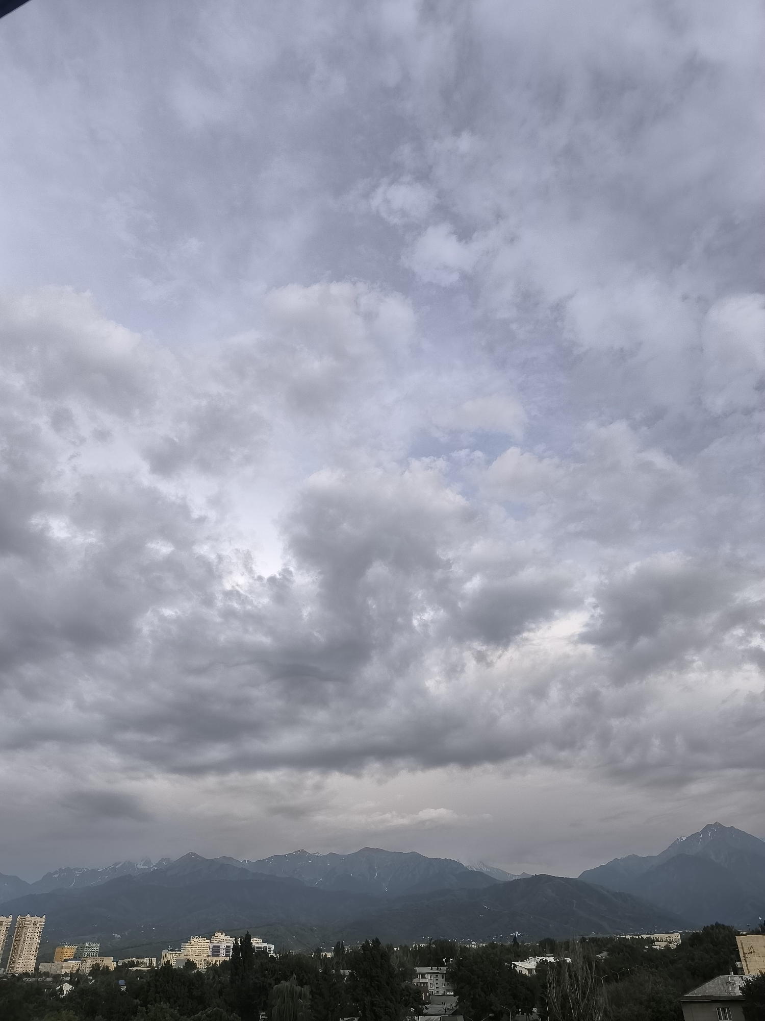 The image captures a panoramic view of Almaty, Kazakhstan, dominated by a dramatic, overcast sky filled with dense, gray clouds. The sky takes up approximately two-thirds of the frame. Below the sky, the city of Almaty unfolds, characterized by a mix of modern architecture and lush greenery. Tall, modern buildings, some appearing to be residential high-rises, are visible on the left and center of the image. In the middle ground, lower-rise buildings and a dense canopy of dark green trees create a textured urban landscape. The background is defined by a majestic mountain range, its peaks shrouded in mist and some appearing snow-capped, indicative of the nearby Tian Shan mountains. The lighting suggests it is either early morning or late evening, or a day with significant cloud cover, casting a muted, diffused light over the scene. There are no people or discernible actions taking place in the image.