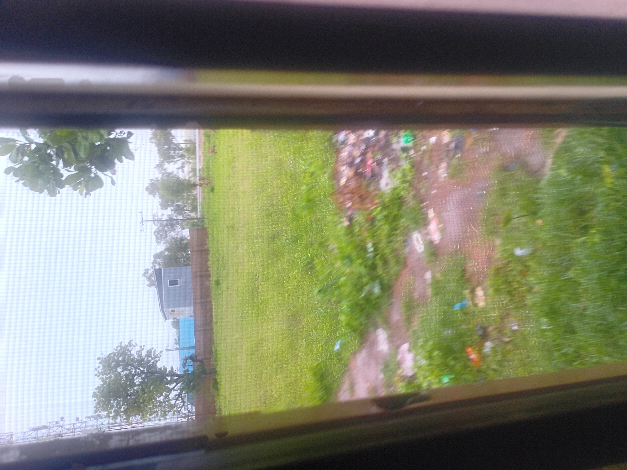 The image shows a view through a window screen, looking out onto a grassy area with some scattered debris. In the background, there is a wooden fence, several trees, and a building with a slanted roof. A tall communication tower is visible on the left side of the frame. The ground in the foreground appears to be a dirt path with patches of grass, and there is a pile of garbage to the right of the path. The sky is overcast and light. The scene is likely an outdoor area in a semi-urban or rural setting, possibly residential or a vacant lot. The location is identified as Jauro Yinu, Nigeria, suggesting a setting within that specific geographic area.