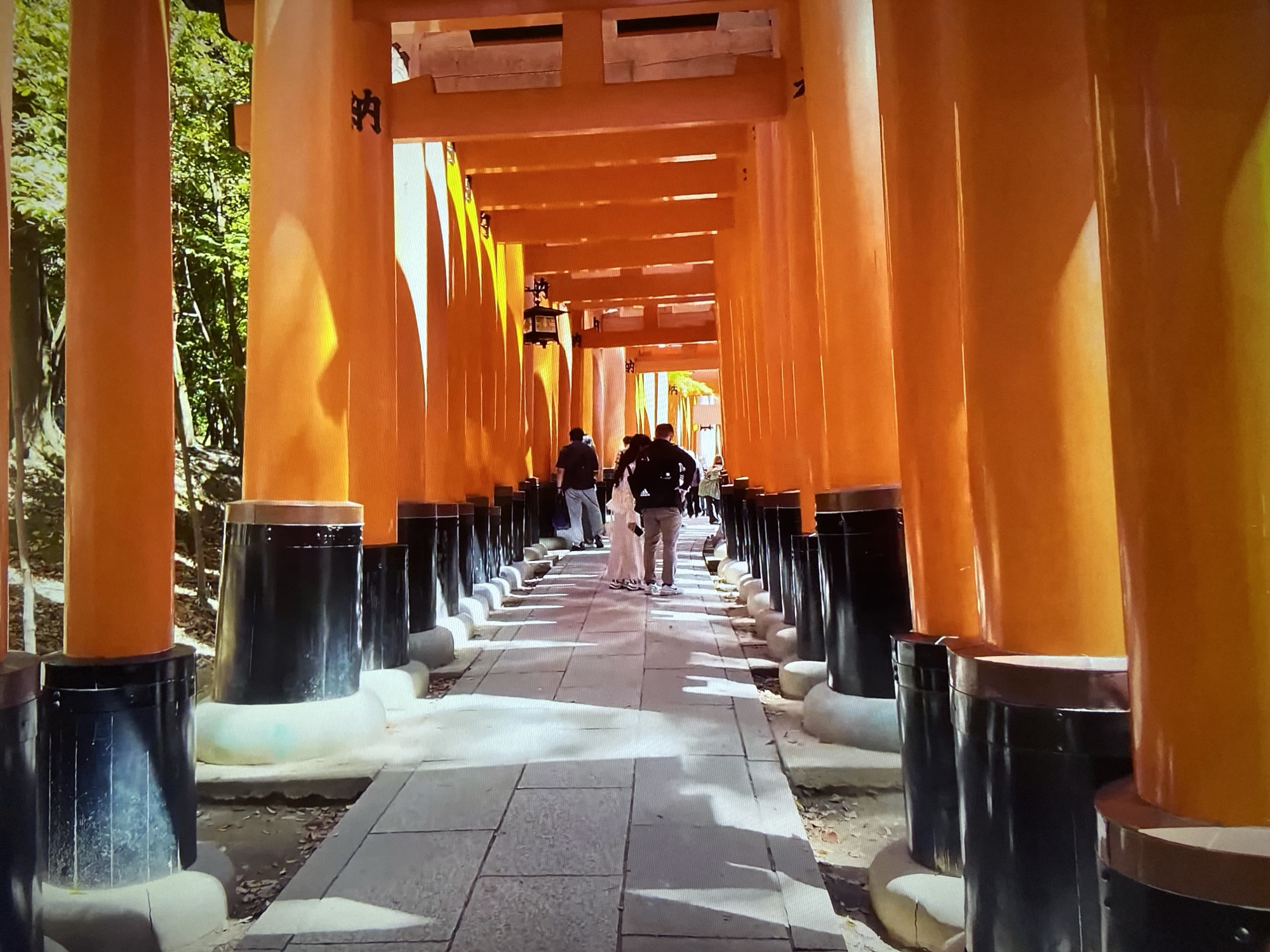 The image captures a view along a path lined with numerous orange-colored torii gates, presumably at the Fushimi Inari-taisha shrine in Kyoto, Japan. The torii gates feature black bases and white supports. People are walking down the stone-paved path between the gates. Light filters through the gates, creating shadows on the path and the sides of the gates. On the left side, glimpses of trees and foliage are visible through the gaps between the gates.