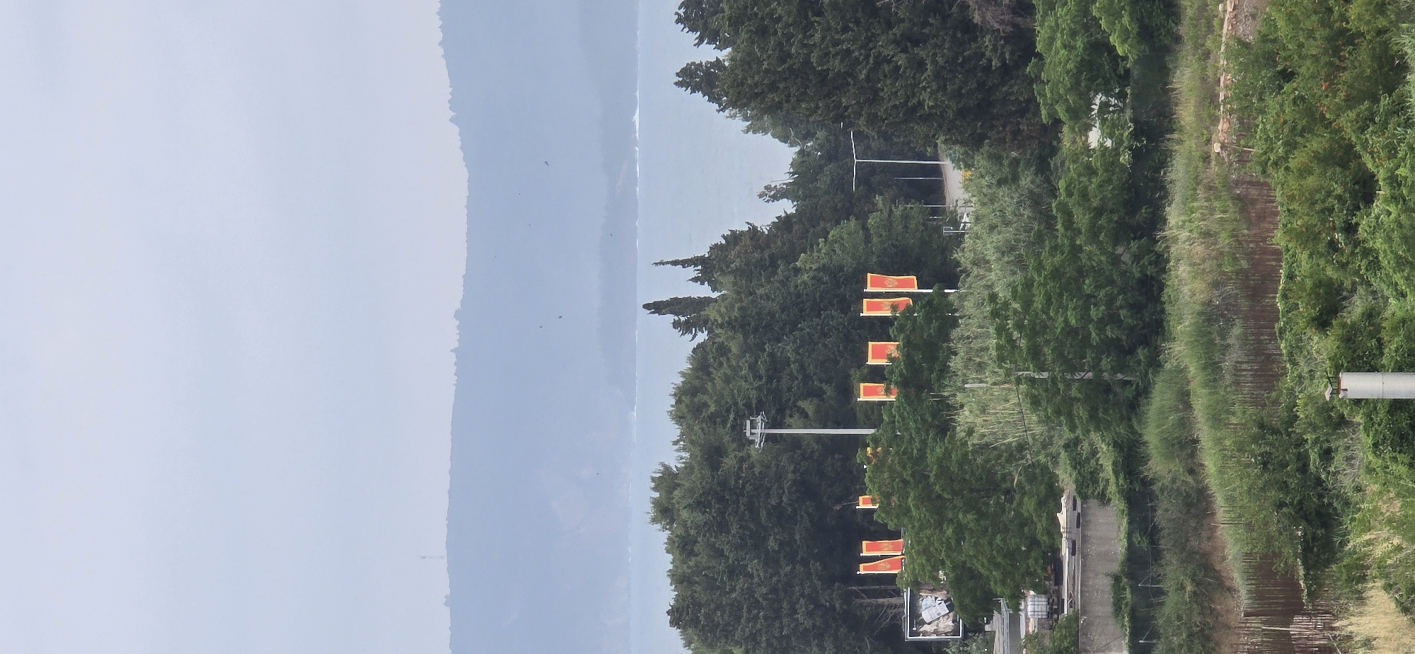 The image displays a panoramic landscape, likely captured on an overcast or hazy day, showcasing a blend of natural and man-made elements. The sky, occupying the upper portion, is a soft, light blue-grey, suggesting diffused daylight. In the mid-distance, a body of water (presumably the Adriatic Sea, given the location context of Bar, Montenegro) stretches across the horizon, with the faint outline of distant mountains or landmasses visible through the atmospheric haze.
The middle and foreground are dominated by lush, dense green vegetation, primarily tall trees and shrubs that appear to line a pathway or road. Several red and gold/yellow flags, characteristic of the Montenegrin national flag (displaying a double-headed eagle emblem), are prominently featured. These flags are mounted on tall poles and are spaced out along what appears to be a route winding through the trees.
Interspersed among the greenery and flags are several utility or light poles, one of which has a horizontal arm extending. Towards the lower-left side of the image, peeking through the trees, there are indications of human infrastructure, including a light-colored building or container and what looks like a storage or construction area with some debris. The immediate foreground on the right consists of more untamed green foliage.
No people are visible in the scene, and no specific event or activity is taking place; it's a static landscape view. The overall impression is one of natural beauty bordering on human development, under a muted sky, with the Montenegrin flags serving as a clear geographical identifier. No legible text is visible in the image.