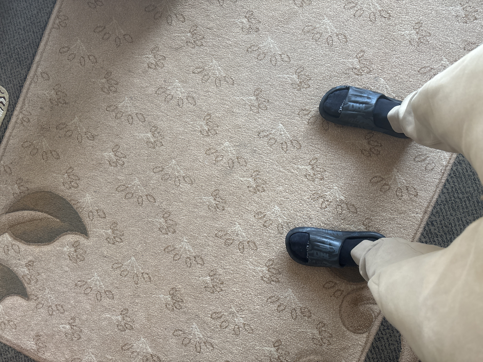 The image shows a top-down view of a beige carpet with a subtle floral pattern. In the bottom left corner, a larger floral design is visible. Two feet wearing black socks and black slide sandals are positioned in the upper right and lower right quadrants of the carpet. The legs of the person are visible and covered in light beige pants. The photo appears to be taken indoors. There is no indication of the city of Zlatograd, Bulgaria.