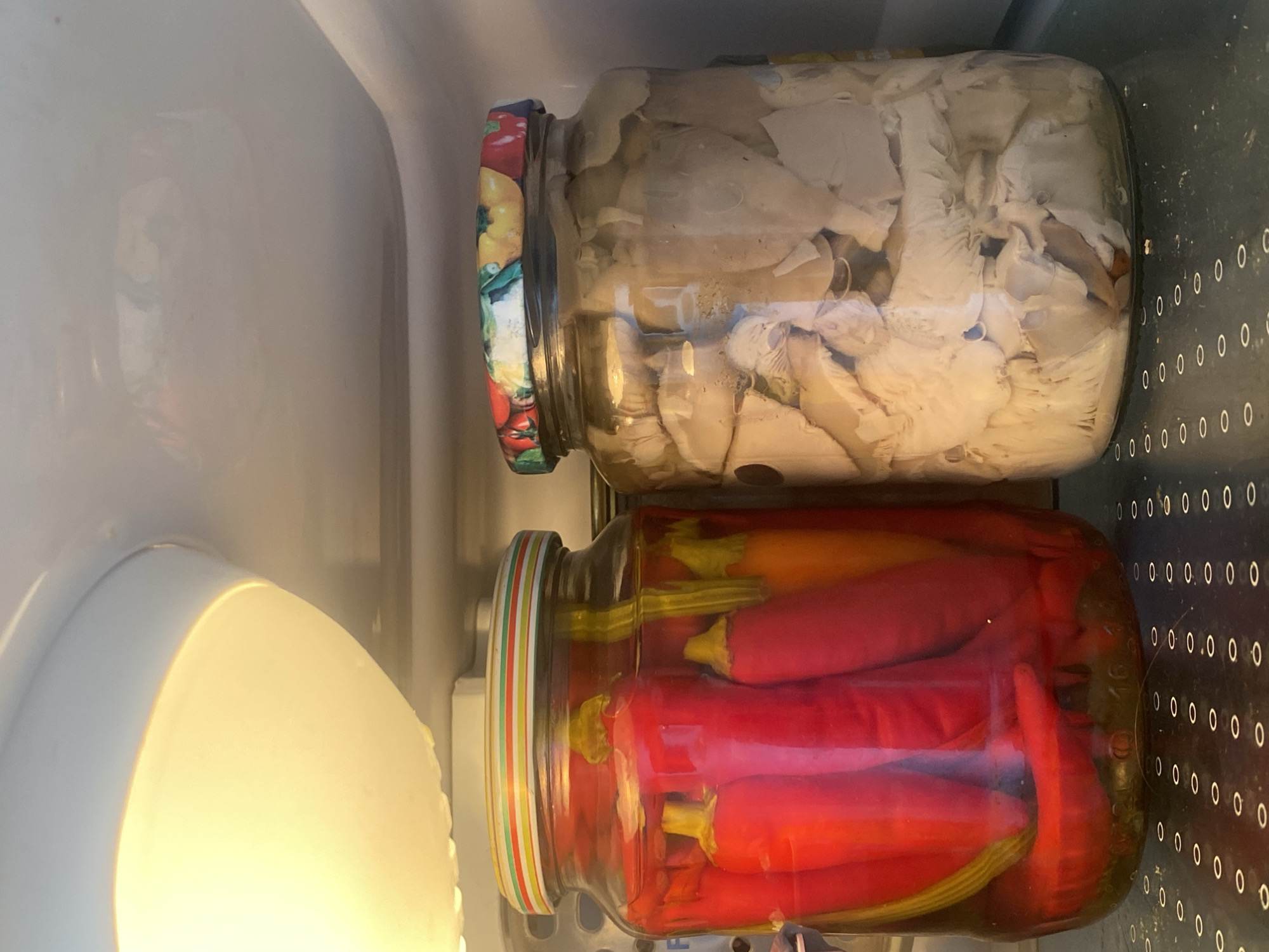 Two glass jars containing preserved food are on a shelf in a refrigerator. The jar on the left is filled with red chili peppers preserved in brine. The jar on the right contains what appears to be preserved mushrooms. Both jars have decorative lids. The refrigerator interior is dimly lit, with a bright light fixture visible at the top of the frame. The image was taken in a residential kitchen in Chișinău, Moldova.