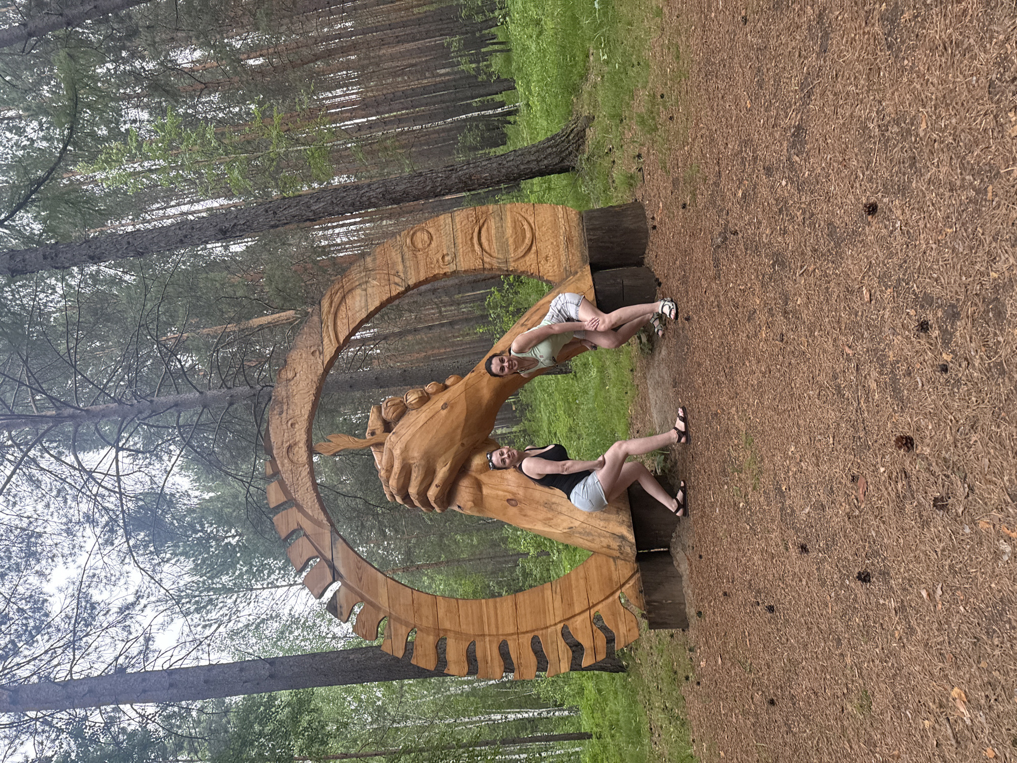 Two young women are posing in a forest near a large wooden sculpture in the city of Savvateevka, Russia. The sculpture is an abstract representation of clasped hands forming a circular arch, with a geared edge on one side. The woman on the left wears a black tank top and denim shorts, her right leg bent, leaning against the sculpture. The woman on the right wears a light green tank top and denim shorts, crouching with her knees bent, facing the camera. Both women are wearing sandals. The ground is covered in pine needles and cones. The background consists of tall pine trees, with some deciduous trees and green undergrowth visible. The sky is overcast.