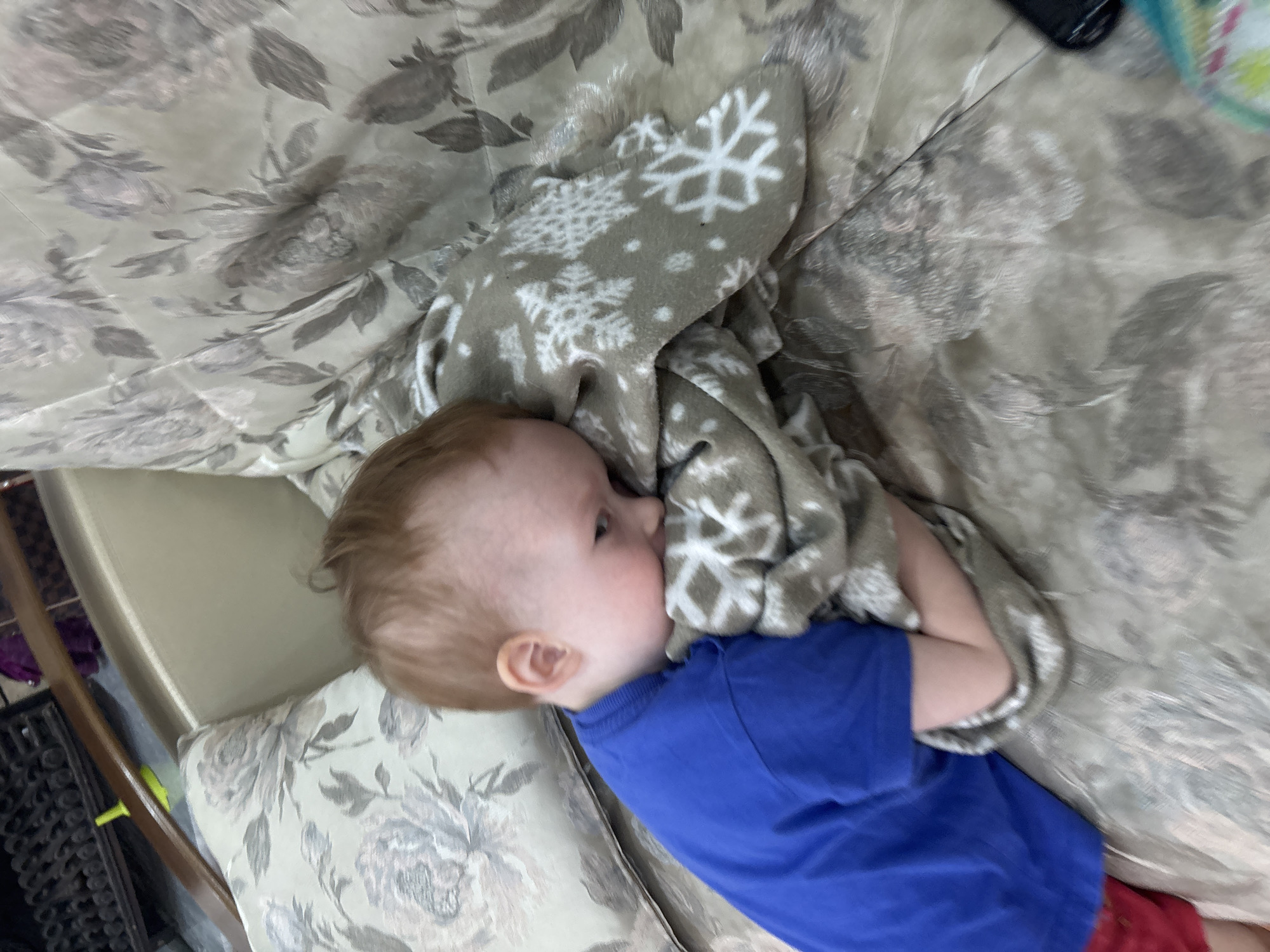 A young child with light reddish-brown hair, wearing a blue t-shirt and red shorts, is depicted lying on their left side on a patterned sofa in an indoor residential setting within the city of Ферма, Russia. The child's face is partially obscured as they cuddle a beige fleece blanket adorned with white snowflake patterns. The child's right arm is bent, resting on the blanket which they hold close. The sofa is upholstered in a light-colored fabric featuring a large, grey-and-white floral or botanical design. A matching throw pillow is visible to the left of the child's head. In the upper left background, a dark, multi-compartment piece of furniture, possibly a shelf, is partially visible, along with a yellow-green object and a purple item. A dark object, possibly a mobile phone, and a multi-colored item are partially visible on the right side of the sofa.