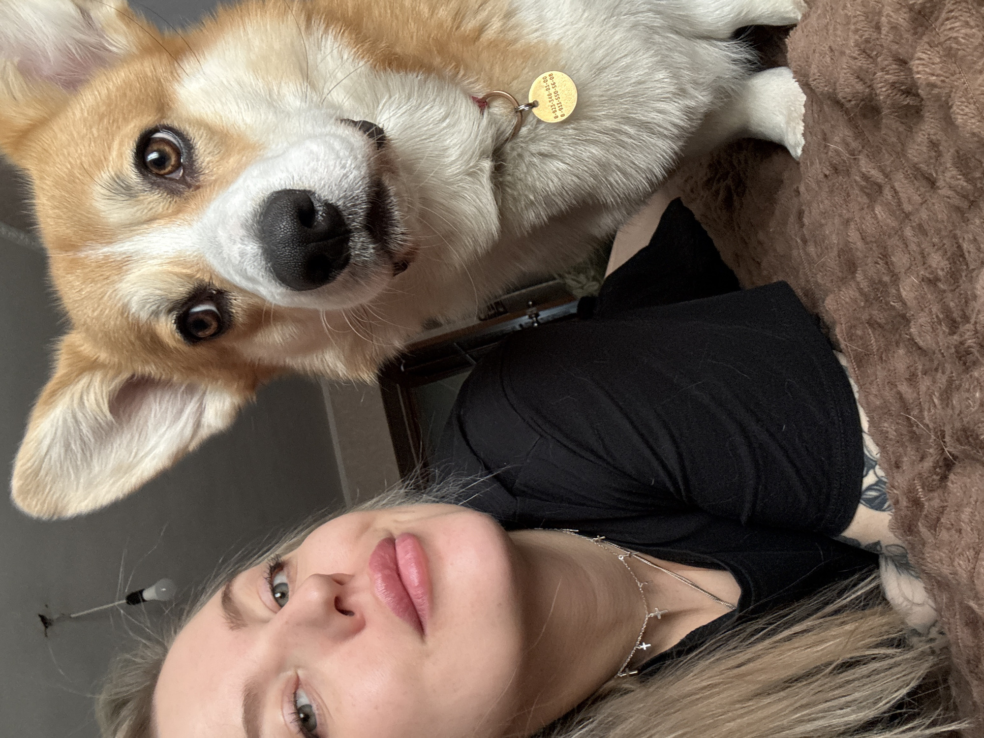 A top-down, slightly Dutch-angled selfie captures a close-up of a person and a Corgi dog. The scene takes place indoors, likely in a home in Borzya, Russia, during what appears to be daytime.
The primary subjects are a light-colored Corgi dog and a young woman. The Corgi, with its distinctive light brown and white fur, dominates the upper left portion of the frame, looking directly into the camera with wide, expressive dark eyes. Its black nose is prominent, and its ears are perked. A red collar is visible around its neck, from which hangs a small, round gold tag.
The young woman is positioned in the lower right and center, lying down with her head tilted, also looking towards the camera. She has blonde hair and light-colored eyes. Her lips are full, and she wears a black long-sleeved top. A delicate silver necklace with multiple small cross pendants adorns her neck. Behind her, a textured, fluffy brown blanket or throw is visible, suggesting a cozy setting.
The activity captured is a shared moment, possibly a casual selfie, highlighting the bond between the owner and her pet. The mood is intimate and relaxed.
Notable visible text is on the dog's gold tag, which reads: "8-913-550-68-00" and "00-848-P44-T-2-00".