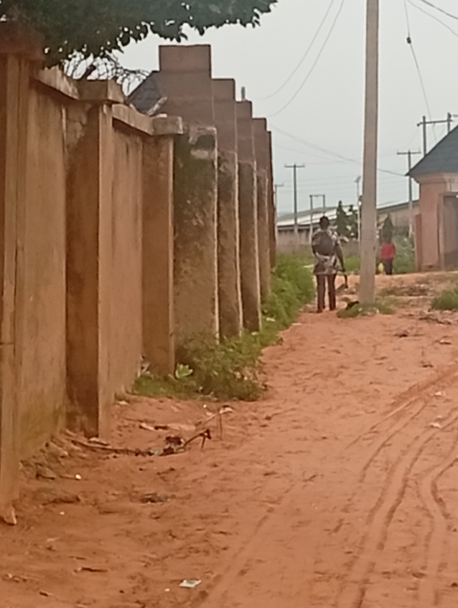 The image depicts a dusty, reddish-brown dirt road in Tumfure, Nigeria, bordered by a tall, weathered concrete wall on the left. The wall appears to have a corrugated metal barrier along the top in some sections. Sparse green vegetation grows along the base of the wall. Further down the road, a person wearing a patterned shirt and dark trousers walks away from the camera, carrying an object slung over their shoulder that resembles a rifle. To the right of the road, a light-colored utility pole stands prominently, with overhead electrical wires crossing the sky. In the background, a few buildings with dark roofs are visible, along with another person wearing a red shirt. The ground on the road shows tire tracks, indicating vehicular movement. The sky is overcast.