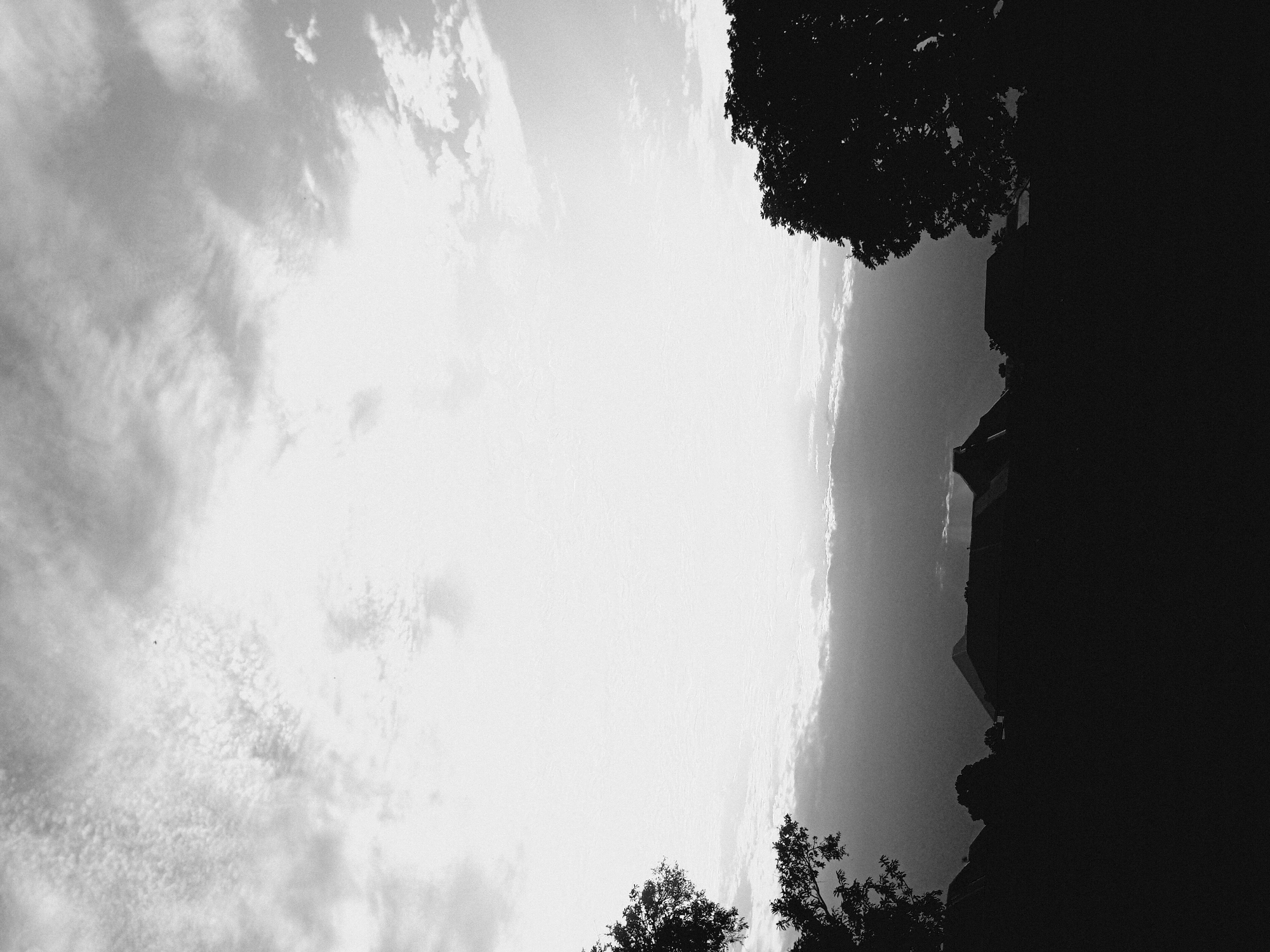A black and white photograph, rotated 90 degrees counterclockwise, depicts a bright sky with clouds on the left side of the frame. The right side of the frame is dominated by a dark, silhouetted building and trees. The building has a pitched roof and appears tall. The trees are interspersed around the building, partially obscuring it. The location is not possible to determine from the image.