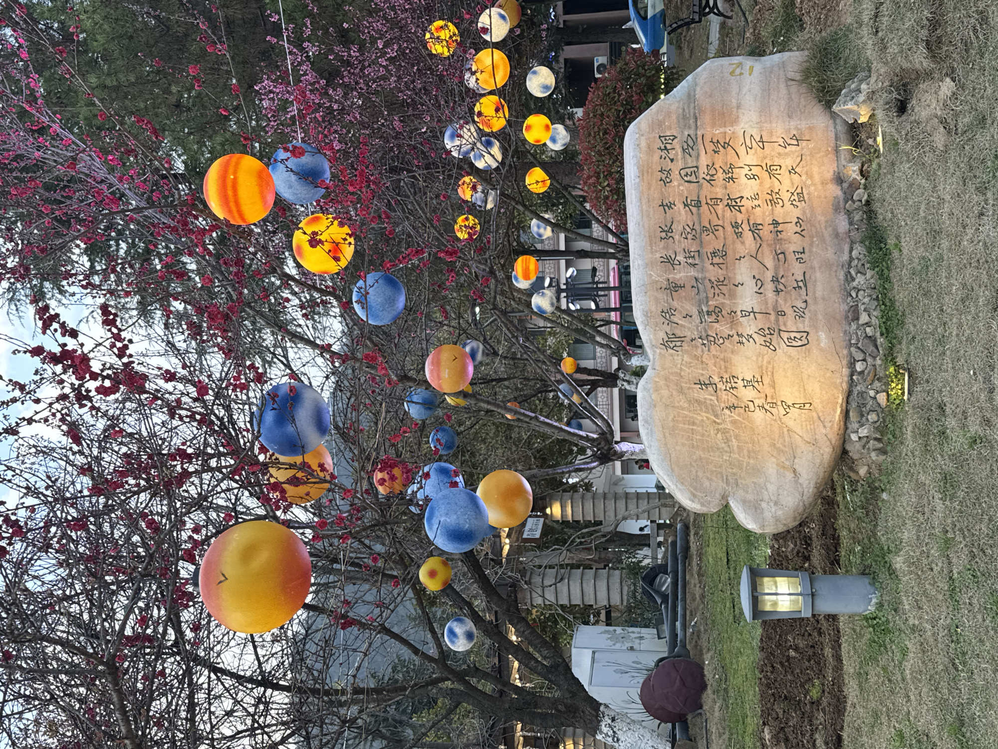 The image depicts an outdoor park or public area in Wulingyuan, China, at dusk or nighttime. A large, irregularly shaped, light-colored stone monument occupies the mid-foreground, illuminated by two hidden spotlights on the ground. Dark Chinese calligraphy is inscribed on its front face.
Behind and around the stone, numerous deciduous trees with visible branches are present, many adorned with small, vibrant red and pink blossoms. Suspended from these branches are dozens of spherical, multicolored lanterns of varying sizes, primarily in shades of orange, yellow, and blue, many illuminated from within. Some lanterns feature patterns resembling planets or celestial bodies.
The ground is covered with patchy green and brown grass, with areas of exposed dark soil, particularly near the base of the stone and a gray, rectangular, illuminated freestanding lantern fixture positioned to the stone's left. Further left, on disturbed earth, several dark, bundled or wrapped objects and cylindrical pipes are visible.
In the background, beyond the immediate trees, architectural elements such as large stone columns and sections of buildings are discernible. Distant trees with denser green foliage are visible, and a mountain range appears against a cloudy sky in the far background. A partially visible blue vehicle and a dark bench are present on the far right. No individuals or discernible activities are depicted.
