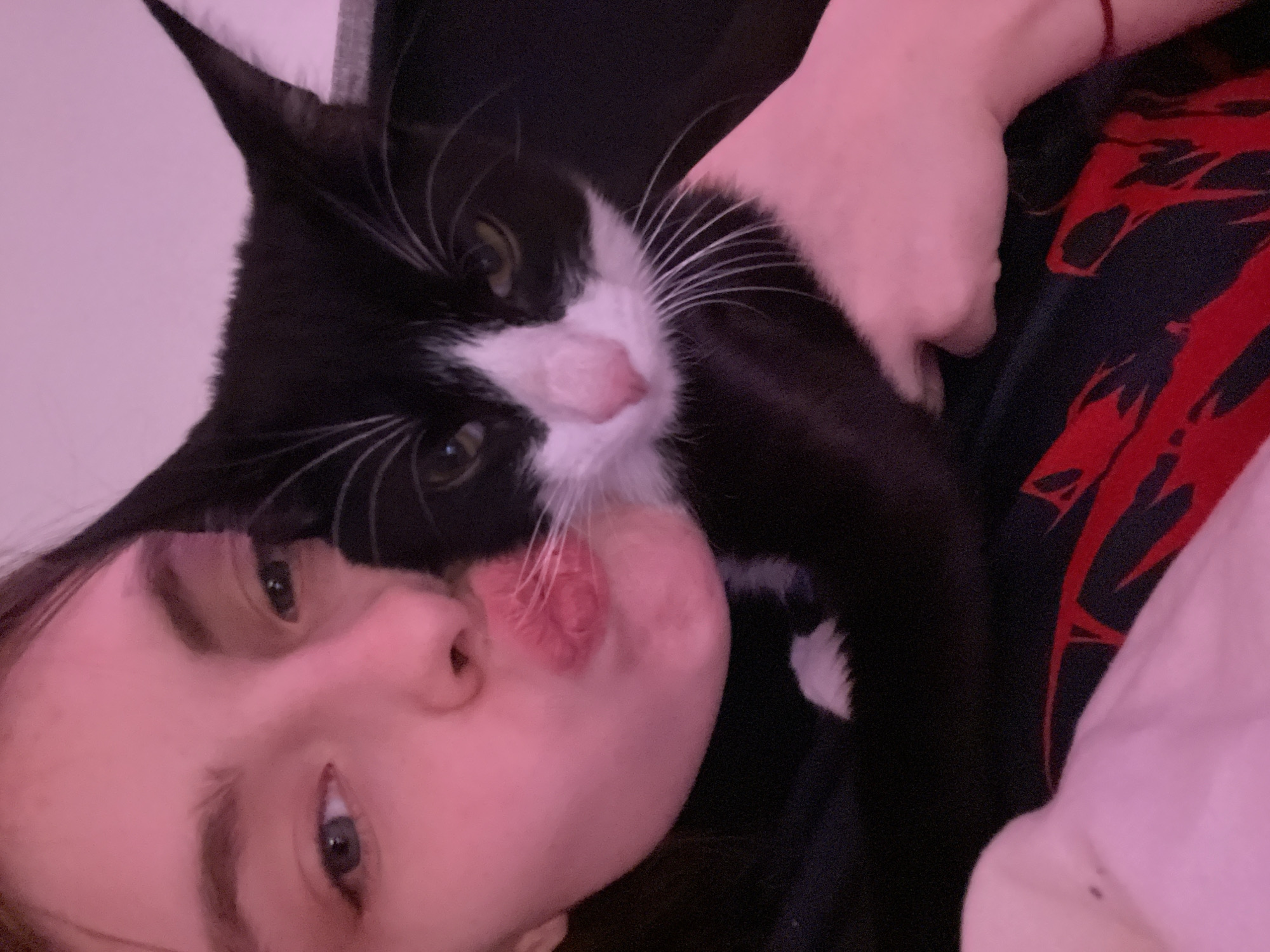 A close-up, selfie-style image depicts a person with light skin and a black-and-white cat. The person's face, including their left eye and nose, is prominent in the foreground. The cat, positioned closer to the top of the frame, has a white patch on its face and chest, with the rest of its fur being black. The cat's whiskers are long and white. A hand is visible holding the cat. The background includes a dark fabric with a red pattern, and a portion of a light-colored wall is seen on the left. The overall lighting gives the image a reddish tint. The image does not contain any geographical information pertaining to Saint Petersburg, Russia.