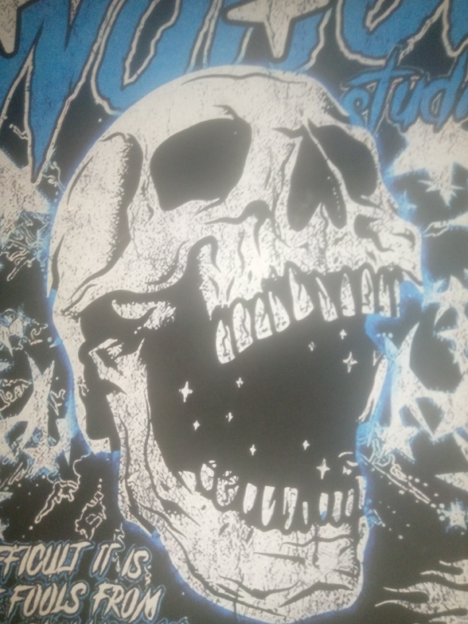 The image is a close-up of a graphic design, likely from a t-shirt or poster. The central subject is a large, stylized skull with an open mouth, appearing to scream or roar. The skull is rendered in white and black, with sharp, jagged lines defining its features and teeth. Surrounding the skull are abstract elements, including blue, flame-like shapes and white, star-like bursts.
In the upper right portion of the image, partially obscured by the skull, there is visible text that appears to read "studio" in a blue, stylized font.
In the lower left portion of the image, there is more visible text, also in a stylized font with blue outlines. The text reads: "FICULT IT IS FOOLS FROM". The word "difficult" seems to be cut off at the beginning.
The overall impression is one of intensity and aggression, typical of designs found in heavy metal or punk aesthetics. The lighting is not discernible, and the setting is abstract, with no environmental cues. The emotions conveyed are strong, leaning towards anger, shock, or rebellion.