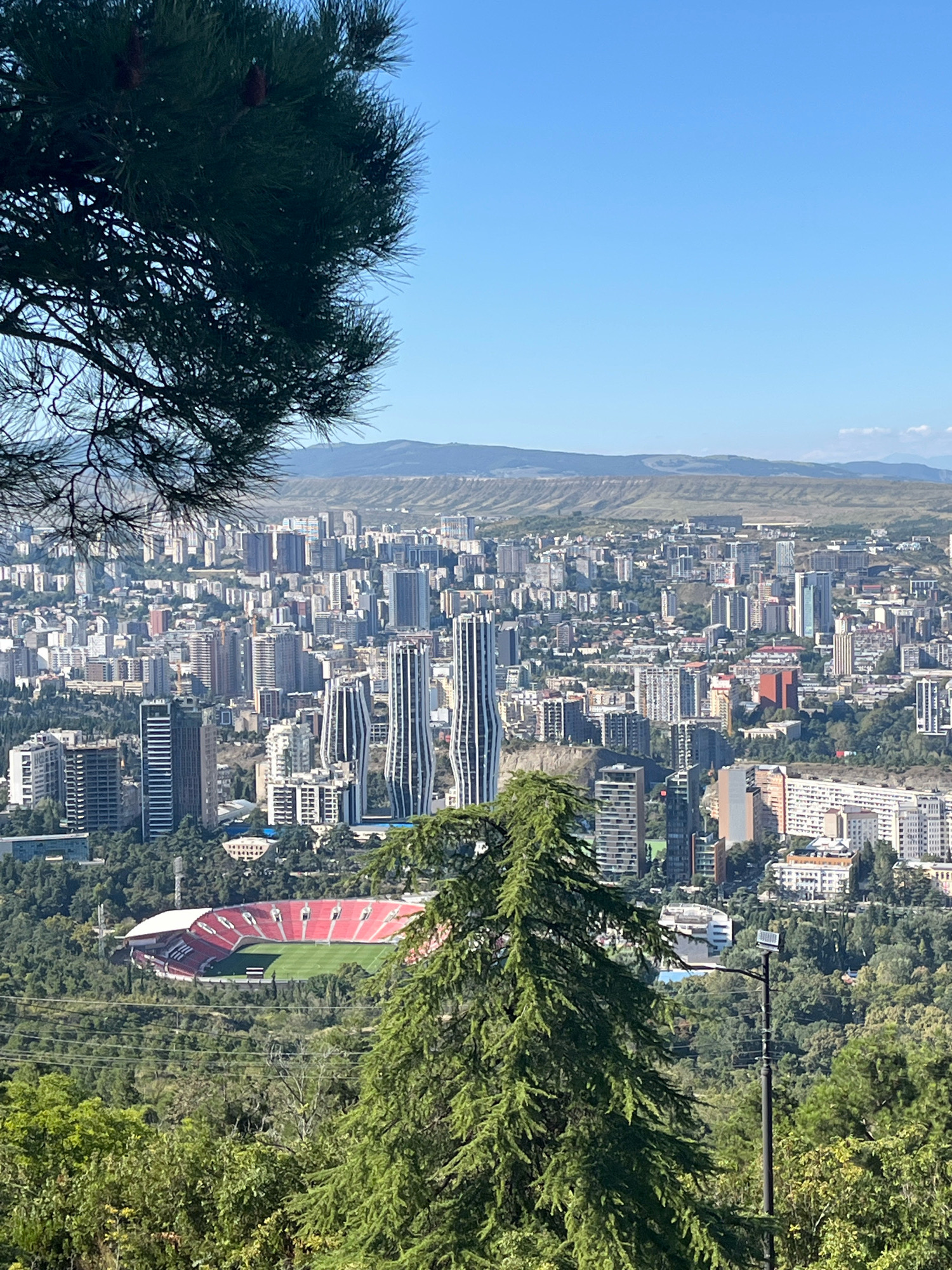 This is a medium shot, taken from a high vantage point, looking out over the city of Tbilisi, Georgia. In the foreground, a large evergreen tree partially obscures the view. Beyond it, a sprawling urban landscape stretches towards the horizon, characterized by numerous high-rise buildings of varying architectural styles and heights. A stadium with red seating and a green field is visible in the middle ground, nestled amongst the trees. The city is set against a backdrop of rolling hills and mountains under a clear blue sky. The scene appears to be a daytime shot, likely taken on a sunny day. There are no people or animals visible in the frame.