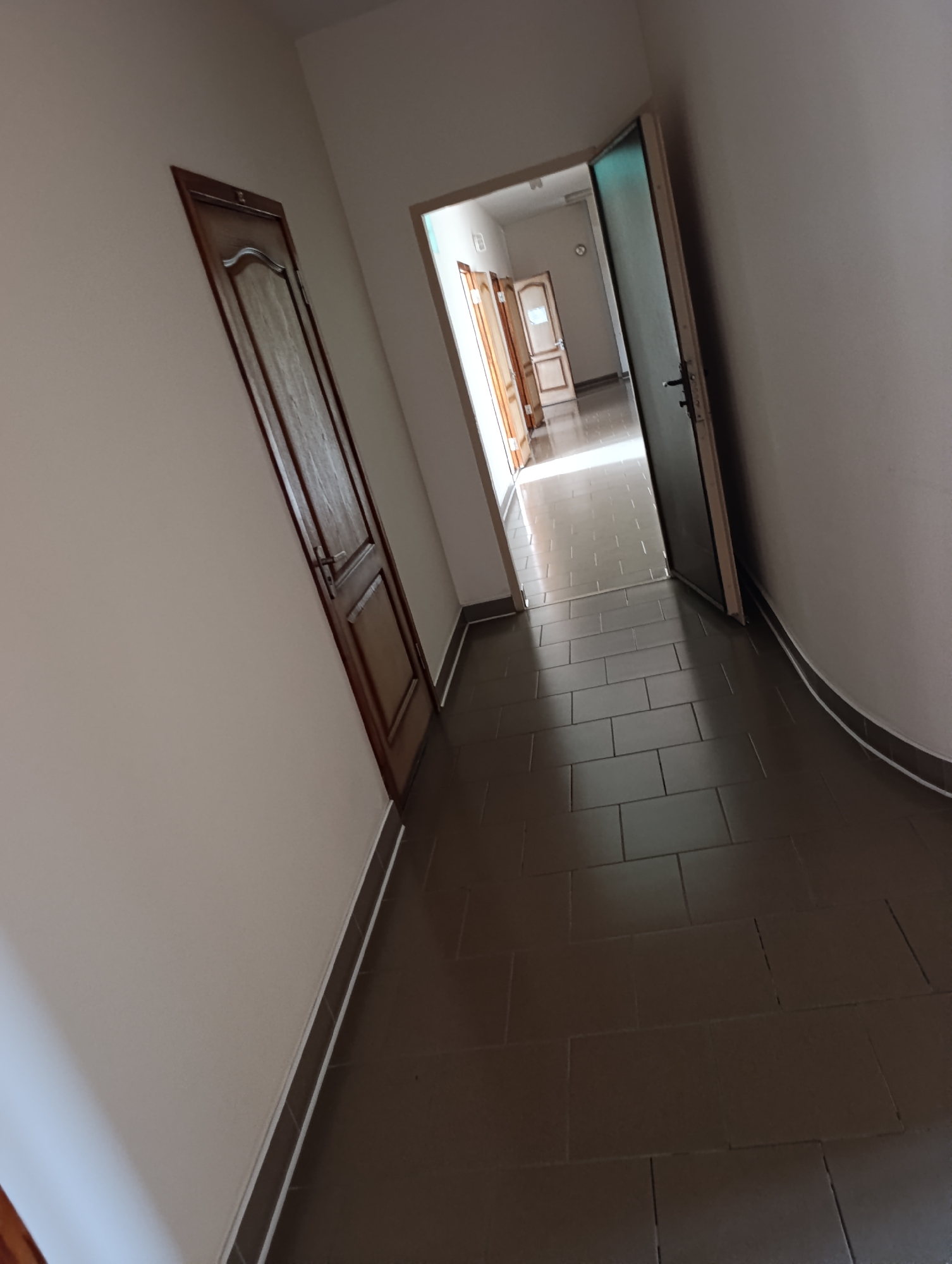 The image shows a hallway with multiple doors. The hallway floor is tiled with dark brown rectangular tiles. On the left, there is a closed dark wooden door with a curved panel design. On the right, a door is ajar, revealing a green interior. Further down the hallway, several other doors are visible, some closed and some open, leading into rooms. The walls are painted a light, neutral color. The lighting suggests an indoor environment, likely a building in Dubăsari town council, Moldova. There are no people visible in the image.