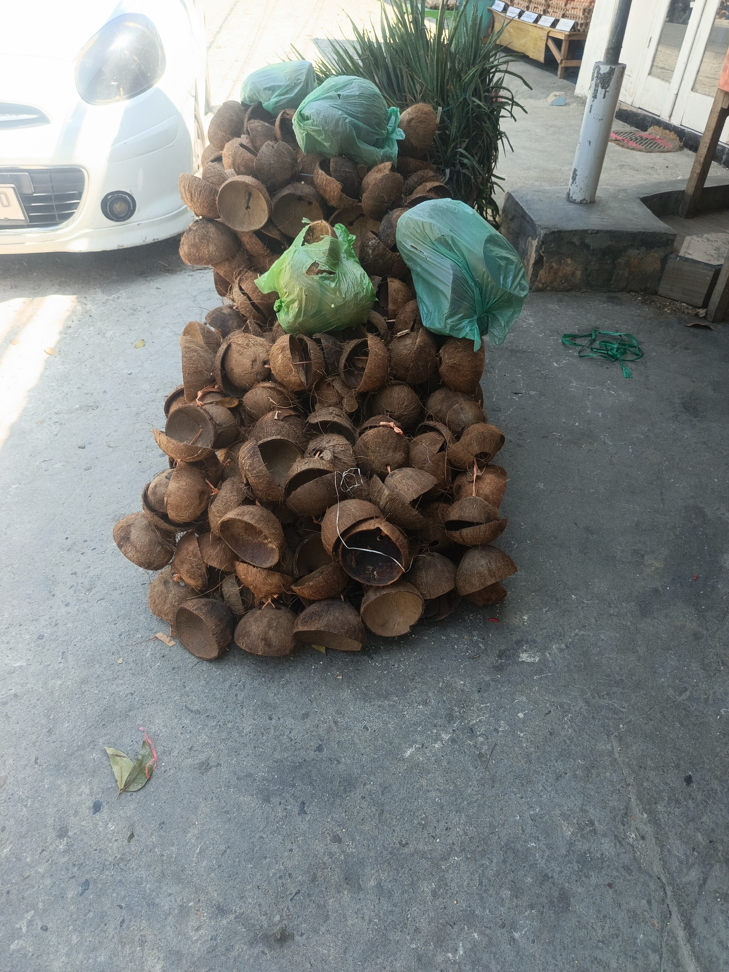In Tenggela, Indonesia, a pile of halved coconut shells sits on a concrete surface next to a white car. Three green plastic bags are placed atop the pile of shells. A few leaves are scattered on the ground nearby, along with a length of green string. The scene appears to be outdoors, likely in a marketplace or roadside setting, given the presence of a vehicle and what looks like merchandise in the background.