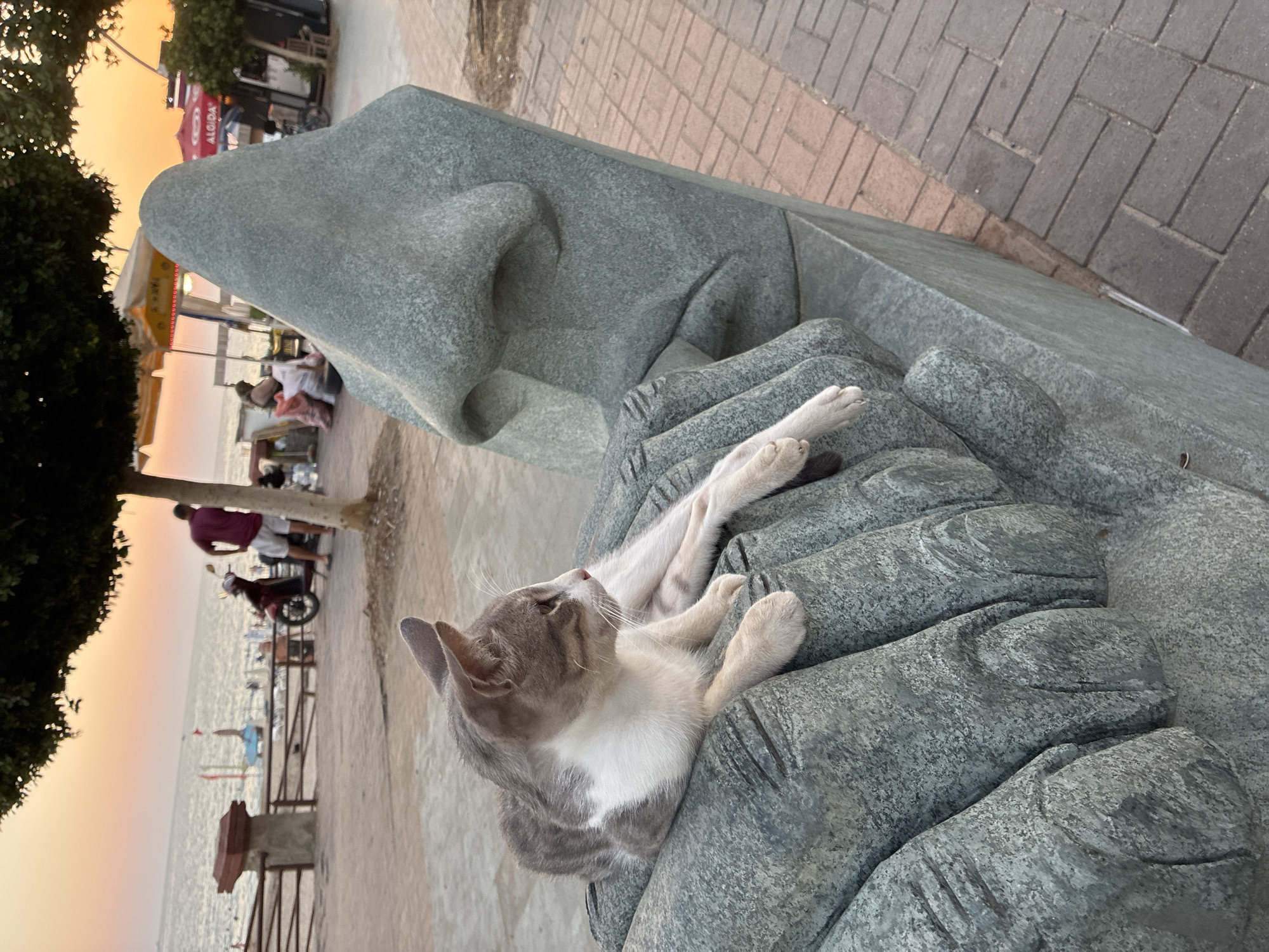 A tabby and white cat rests on the stone sculpture of a giant hand and nose near the Alanya coastline. The cat is looking to its right, with its front paws resting on the sculpted fingers. In the background, the sea meets a hazy pink and orange sky, indicating sunset. People are visible on the beach and walking along the promenade. A red scooter is parked nearby. The ground is paved with bricks.