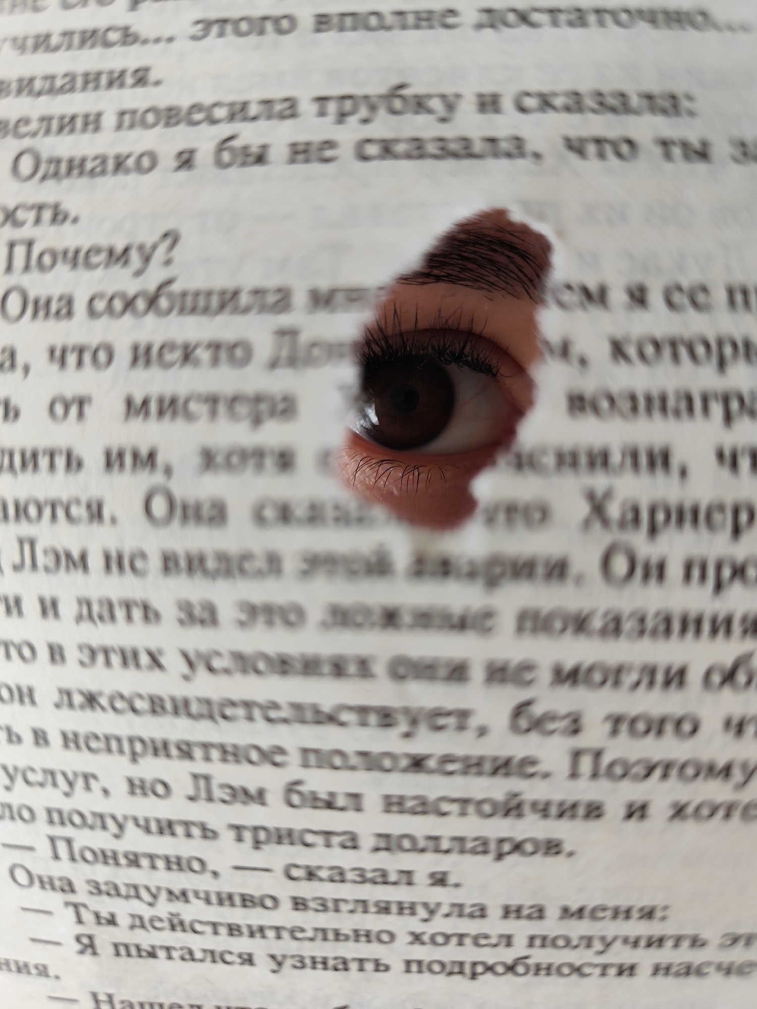 A close-up shot shows a person's eye visible through a hole in a page of a book. The text on the book page is in Russian. The text discusses matters related to someone named "Дом" and "мистера". The image provides no information regarding the location in Фоки, Russia.