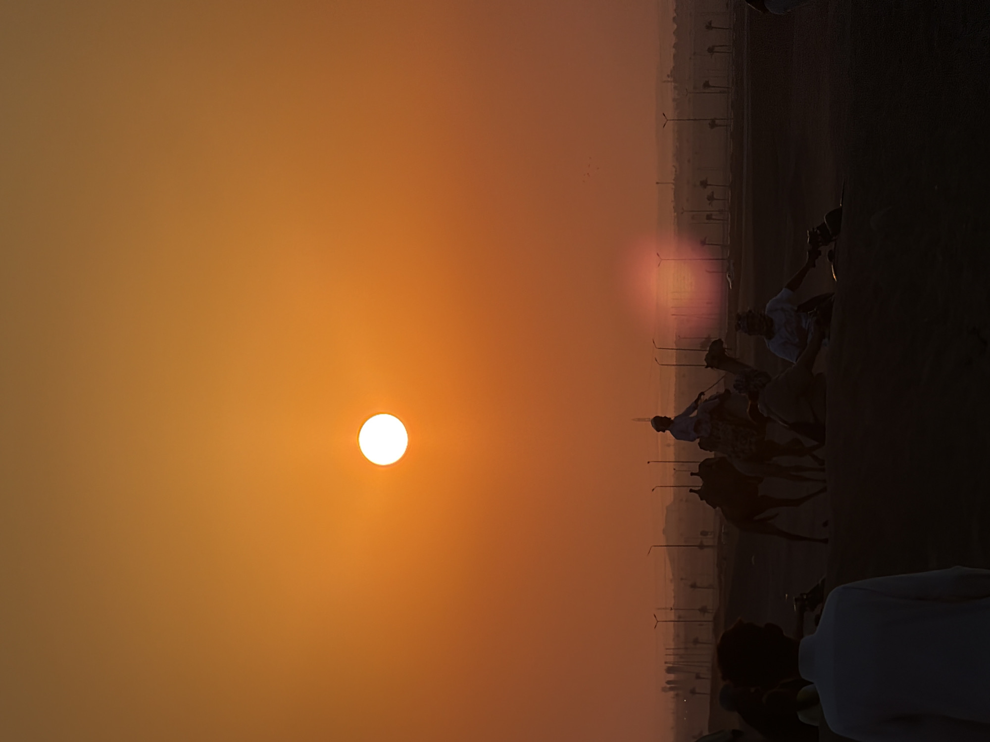 The image depicts a desert landscape during sunset, likely in Sharm El Sheikh, Egypt, given the context of camel rides commonly offered to tourists in such locations. The sky is a vibrant orange, with a prominent, bright sun positioned in the upper left quadrant. Silhouettes of people are scattered across the sandy terrain.
In the foreground, the back of a person wearing a white thobe is visible, facing away from the camera. To the right and further back, several other figures are present. One person is riding a camel, with the camel's hump and legs clearly defined in silhouette. Another camel stands nearby, also silhouetted. Several individuals are seated on the sand, some appearing to be interacting with each other.
In the middle ground, a line of streetlights stretches across the horizon, suggesting the proximity of an urban or developed area. In the far distance, faint structures and possibly palm trees are visible, indicating a developed landscape beyond the immediate desert. The overall atmosphere is warm and serene, characteristic of a desert sunset.