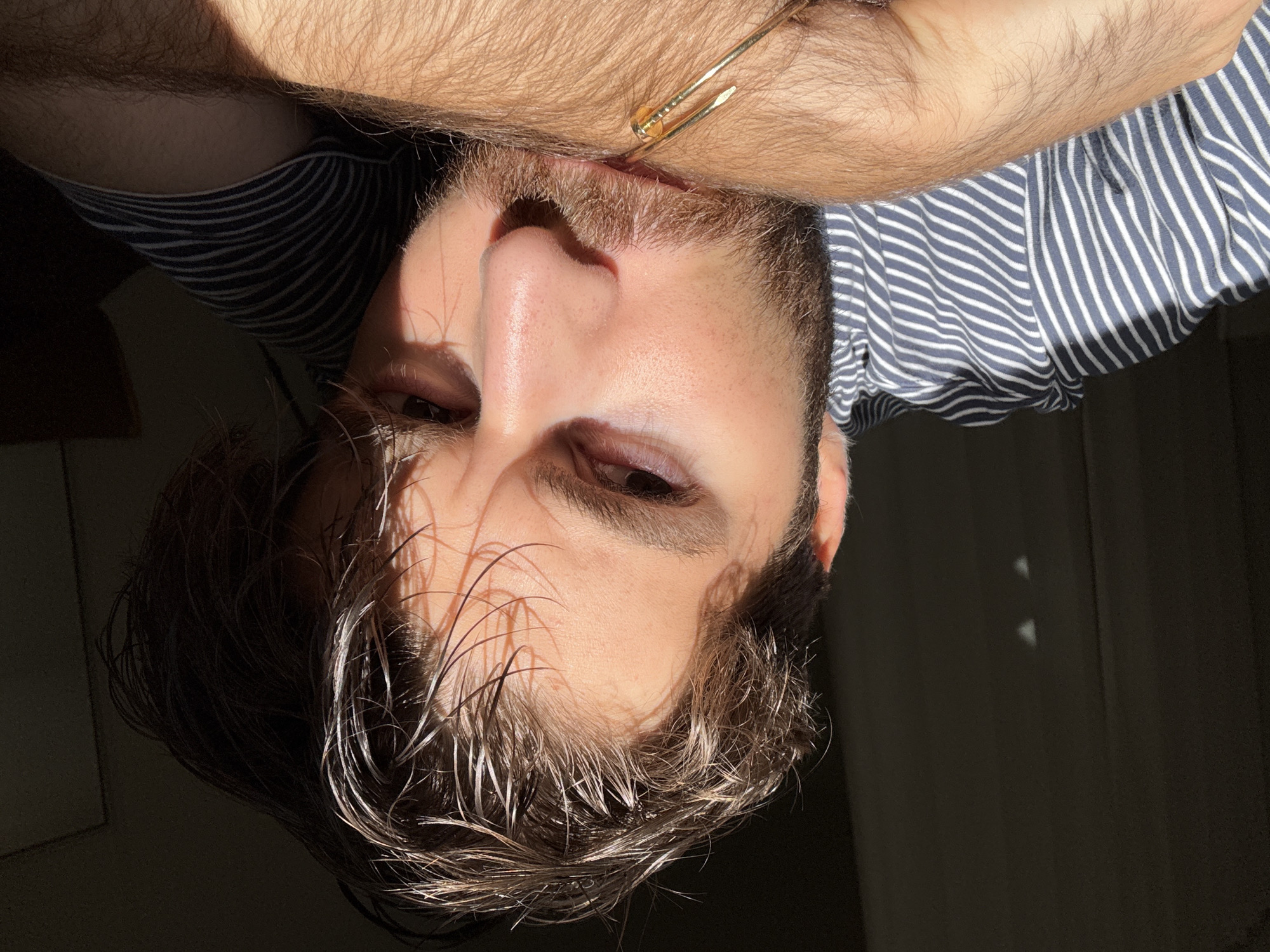 A low-angle portrait depicts a man with short, wet, brown hair. He has light skin, brown eyes, and a trimmed beard. He is wearing a blue and white striped shirt. The photo is taken upside down and bathed in sunlight. The location is not discernible from the image.