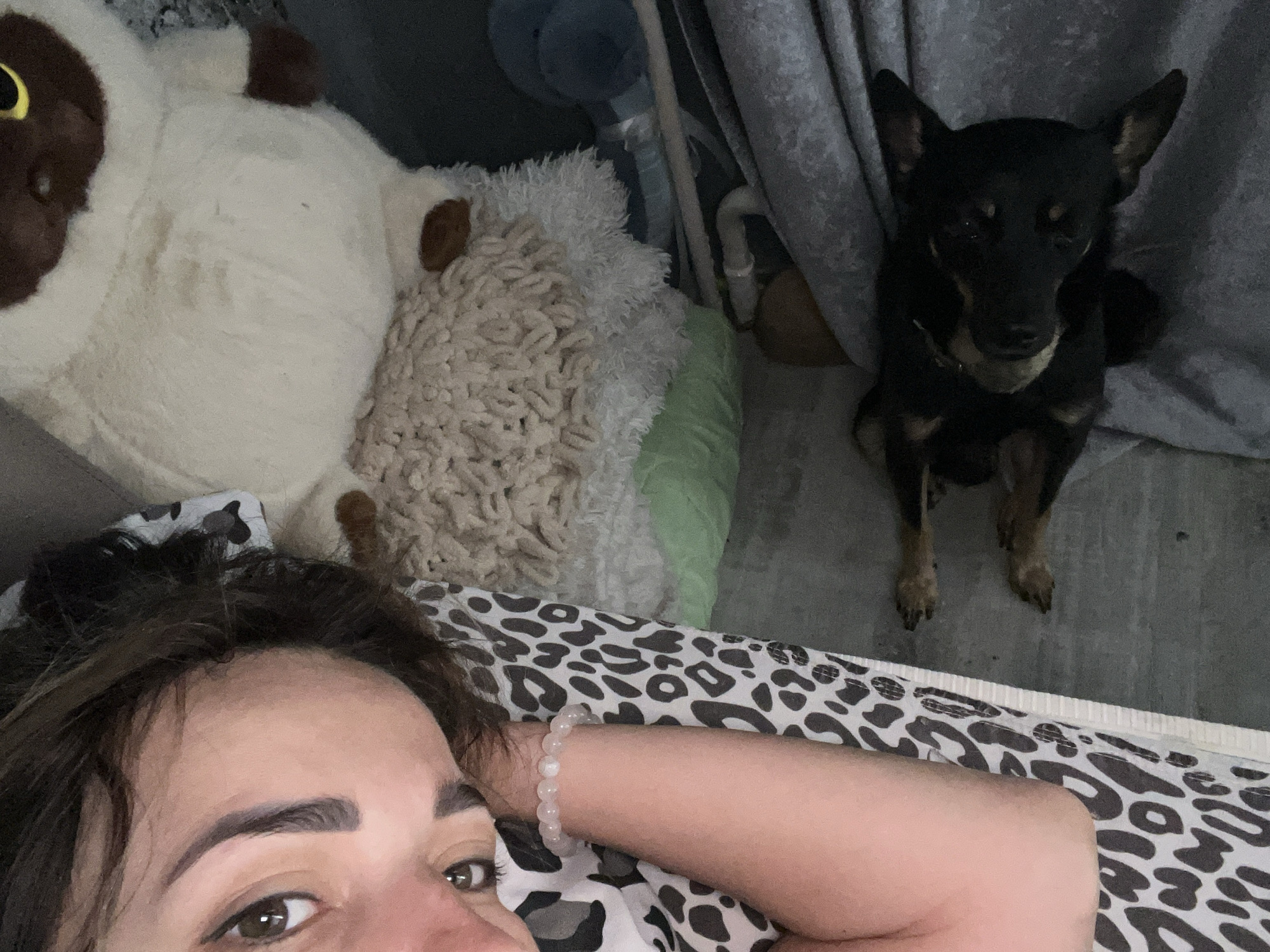 An overhead medium shot shows a person lying on their side on a floor, with a dog in the lower right of the frame. The person's face is in the upper left, with dark hair framing their forehead and eyes. They are wearing a white top with a black leopard print pattern. A beaded bracelet is on their left wrist. To the right of the person is a large, fluffy white stuffed sheep with brown accents. Partially obscuring the sheep is a textured, light brown stuffed object. Behind the sheep is a dark blue object, possibly a pillow or cushion, and a green fabric item. The floor appears to be concrete. The dog, a medium-sized black and tan breed, is lying on its back in the lower right corner of the image, looking up at the camera. It is positioned on a gray fabric surface. The lighting is dim, suggesting an indoor environment.