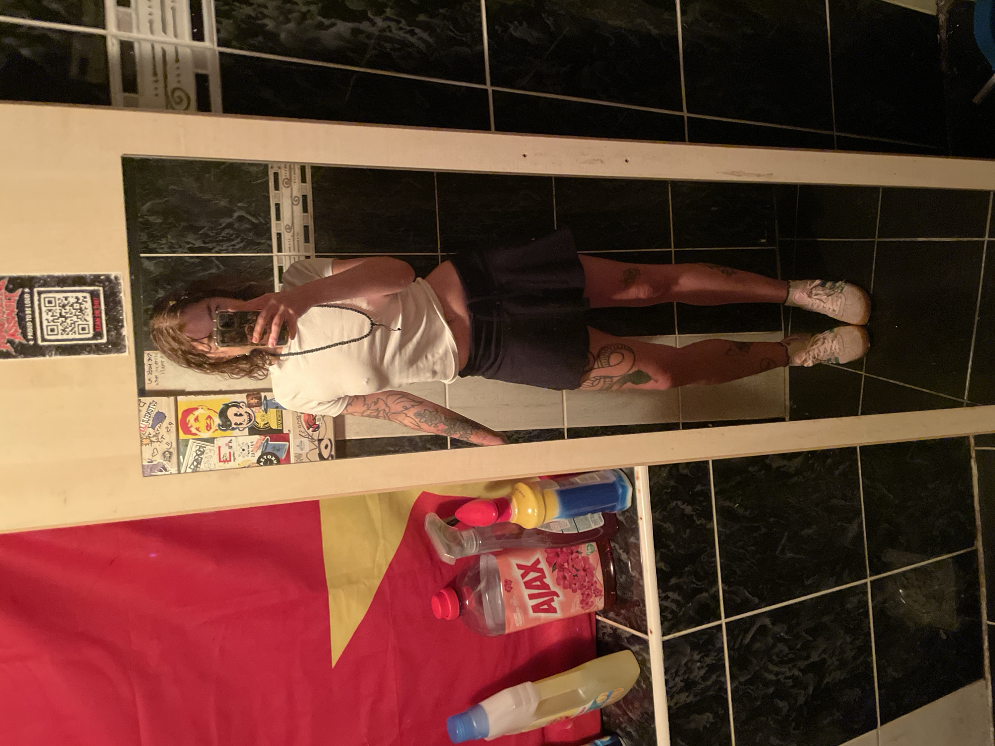 A person is standing in front of a mirror in a tiled room. The person is wearing a white t-shirt, a dark skirt, and light-colored sneakers. They are holding a phone to take a picture of themselves. On the left side of the image, there is a red and yellow flag and several cleaning products. The walls are tiled with black and white tiles. The image does not provide enough information to determine the location in Herceg Novi, Montenegro.