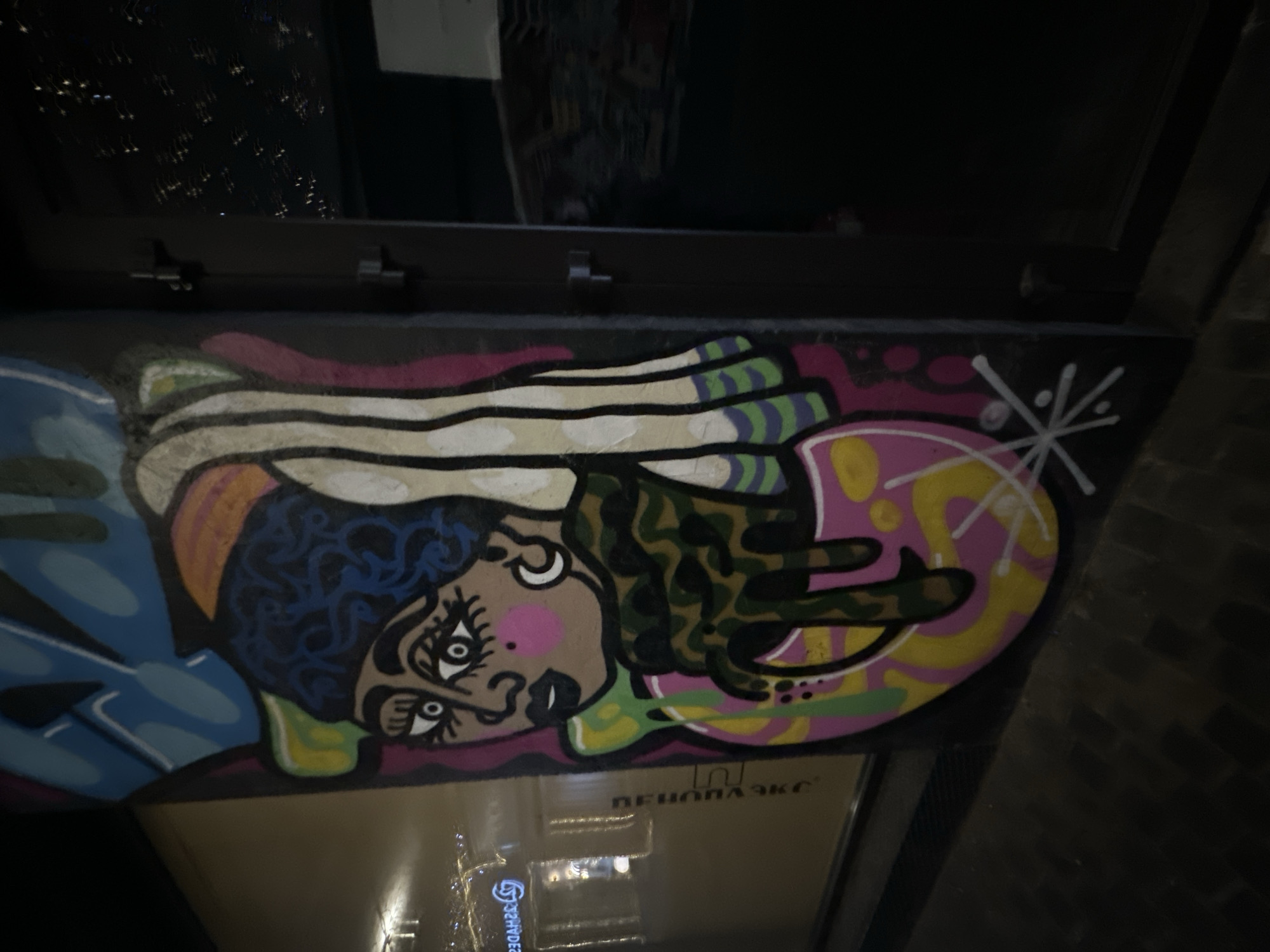 The image shows graffiti art on a dark surface, possibly a wall or part of a building. The graffiti features a stylized female face with large eyes, blue curly hair, and a pink circle on her cheek. She appears to be wearing a striped top with white, black, and some green/purple sections. Parts of her hair are painted in a camouflage pattern. A large pink and yellow circle is near her head, adorned with white lines radiating outwards. The name "ПЕНОПЛАЭКС" is partially visible on a reflective surface below the graffiti. The blurred background shows a city view through a window, with indistinct lights and reflections, potentially indicating an urban setting in Moscow, Russia. To the right of the graffiti, there is a dark brick or stone wall.