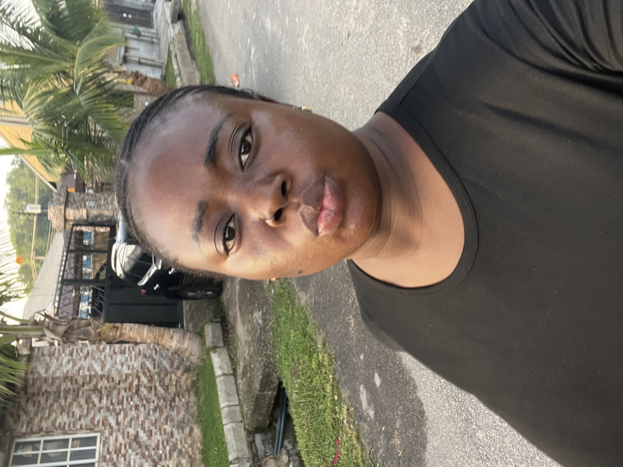 The image captures a close-up, rotated selfie of a dark-skinned person, likely a woman, looking directly into the camera with a subtle pout on her lips. Her hair is styled in neat braids, and she is wearing a plain black t-shirt or top. A small, golden earring is visible in her right ear.
The background, if the image were correctly oriented, depicts an outdoor residential scene. On the left side, lush green palm trees are prominent. A building with a textured facade, constructed from what appears to be reddish-brown and greyish-white stone or brick, is partially visible, along with a white-framed window at the lower left. In the mid-ground, a black vehicle, possibly a car or SUV, is parked behind a dark metal gate or fence.
The foreground and right side of the background show a paved area, resembling an asphalt road or driveway. A narrow strip of green grass runs alongside a concrete curb or drainage ditch. The lighting suggests it is daytime, likely early morning or late afternoon, with soft, natural light illuminating the scene under clear skies. The presence of palm trees and the type of architecture are indicative of a tropical or subtropical urban environment, consistent with Abuja, Nigeria. No visible text is present in the image.