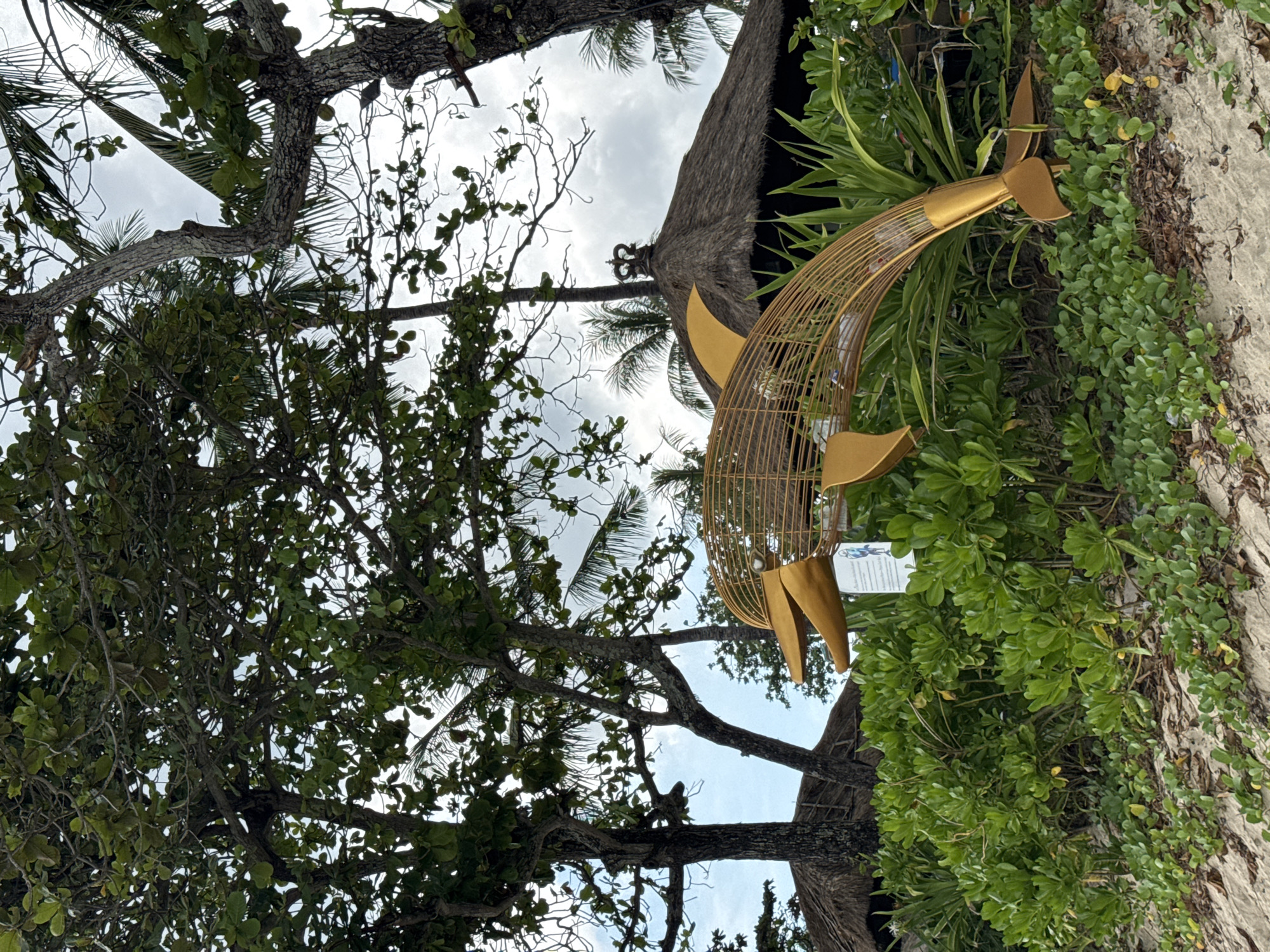 The image captures a golden dolphin sculpture, seemingly made of wire, positioned amidst lush greenery and trees. Behind the sculpture, a thatched roof is visible, suggesting a tropical or beachside setting. The presence of various types of foliage, including broad-leaved plants and palm trees, reinforces this impression. Based on the prompt, this scene is likely located in Kuta Selatan, Indonesia, characterized by its coastal environment and local architecture. There are no people visible in the shot.