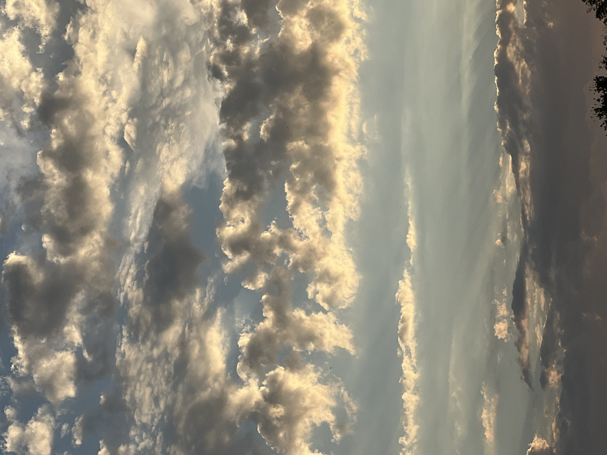 A sky filled with cumulus and stratocumulus clouds is visible. The clouds are illuminated from behind by the sun, creating a bright, golden glow on their edges and undersides. Some parts of the clouds are dark and shadowed, indicating their depth and density. Rays of sunlight are also visible, piercing through gaps in the clouds and casting beams across the sky. The overall impression is of a dramatic and beautiful cloudscape. The image does not contain any people, subjects, objects, actions, interactions, or any discernible elements of the city of Krasnodar, Russia.