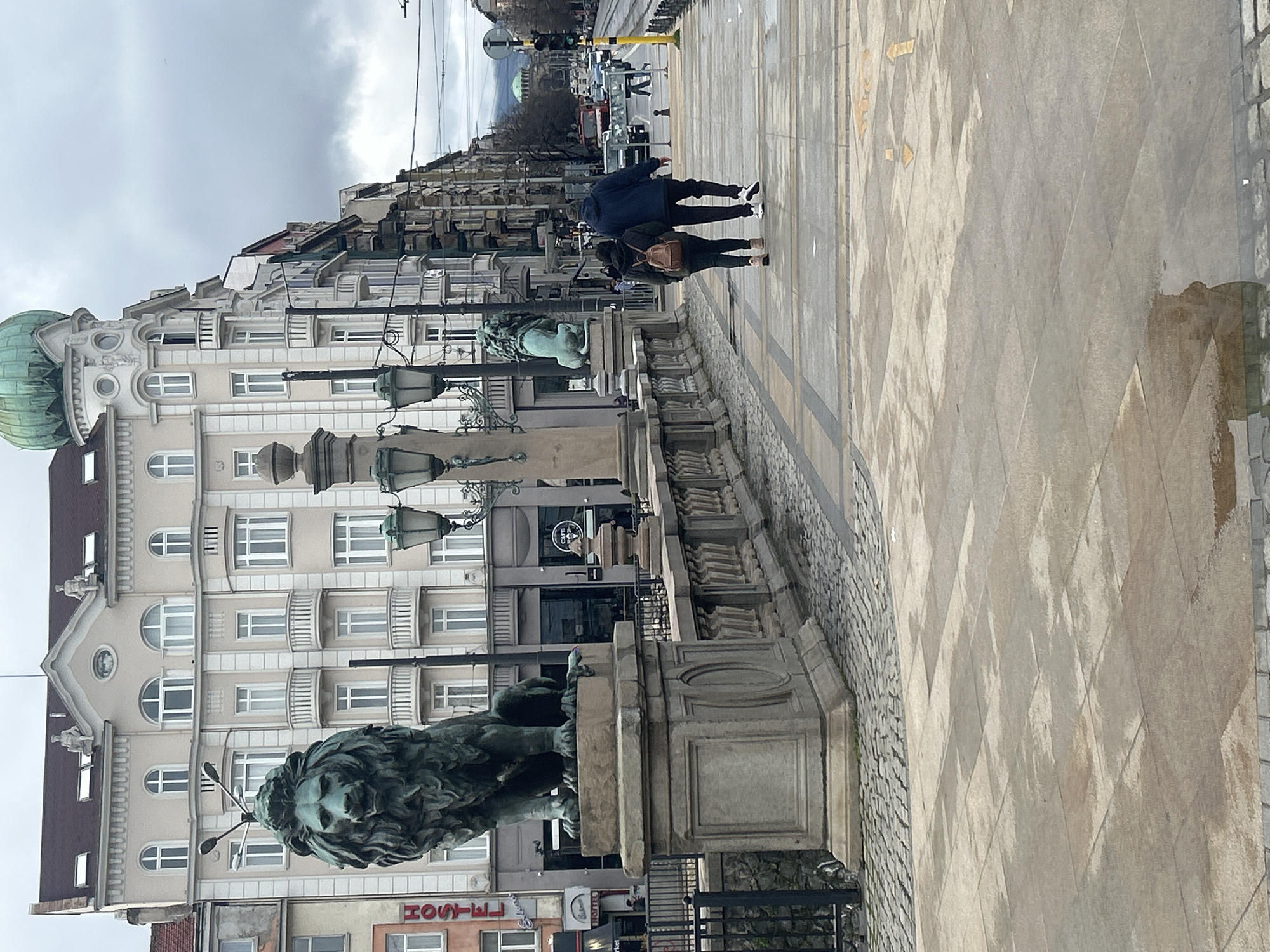 This photograph depicts the Lion Bridge in Sofia, Bulgaria, under an overcast sky. Two bronze lion statues stand guard on either side of the bridge. Pedestrians walk along the sidewalk on the bridge. Buildings line the street in the background. A street light can be seen along the sidewalk.