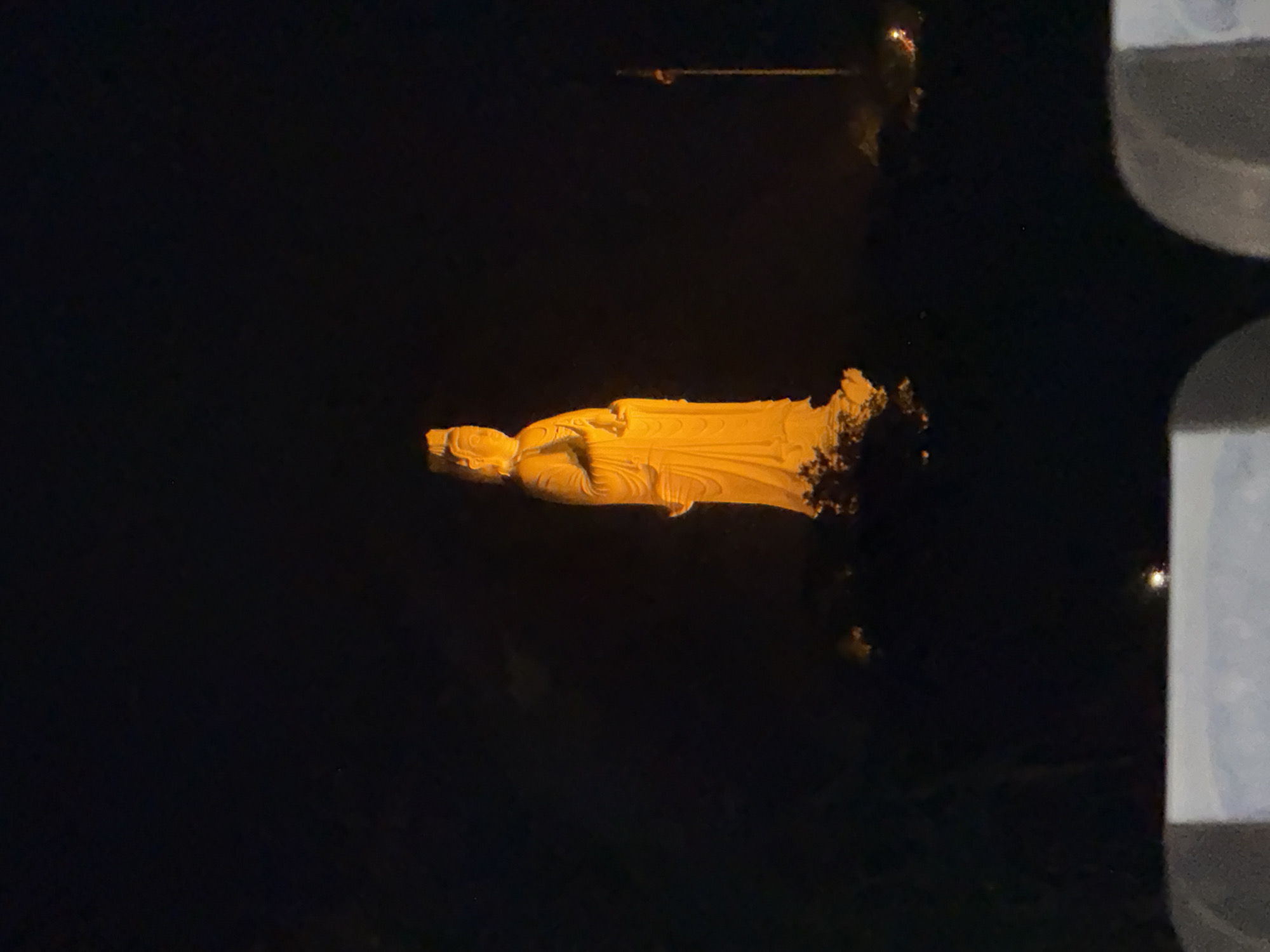 A night shot captures a golden, illuminated statue. The statue appears to be of a reclining Buddha, situated against a dark, almost black background. A blurred, grey object is visible on the right edge. In the background, a faint light can be seen amongst some shadowy foliage. The location is likely near the Marble Mountains in Da Nang, Vietnam, where similar statues are often displayed.