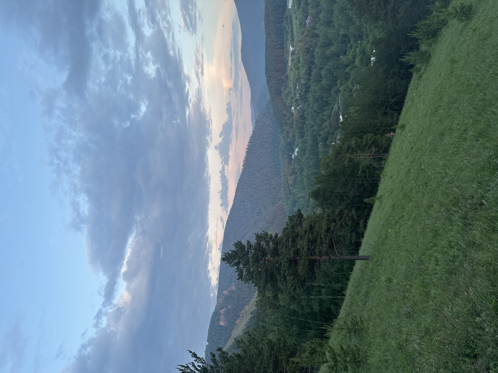 This is an outdoor landscape photograph taken from a hillside overlooking a valley. The foreground is a grassy slope with several pine trees. The middle ground features a dense forest that covers rolling hills, with a scattering of houses and buildings visible within the treeline. The background consists of several layers of mountains, receding into the distance. The sky above is partly cloudy, with a blend of blue and gray hues, suggesting either early morning or late evening. The overall impression is one of a natural, possibly rural, setting near Krasnoyarsk, Russia.