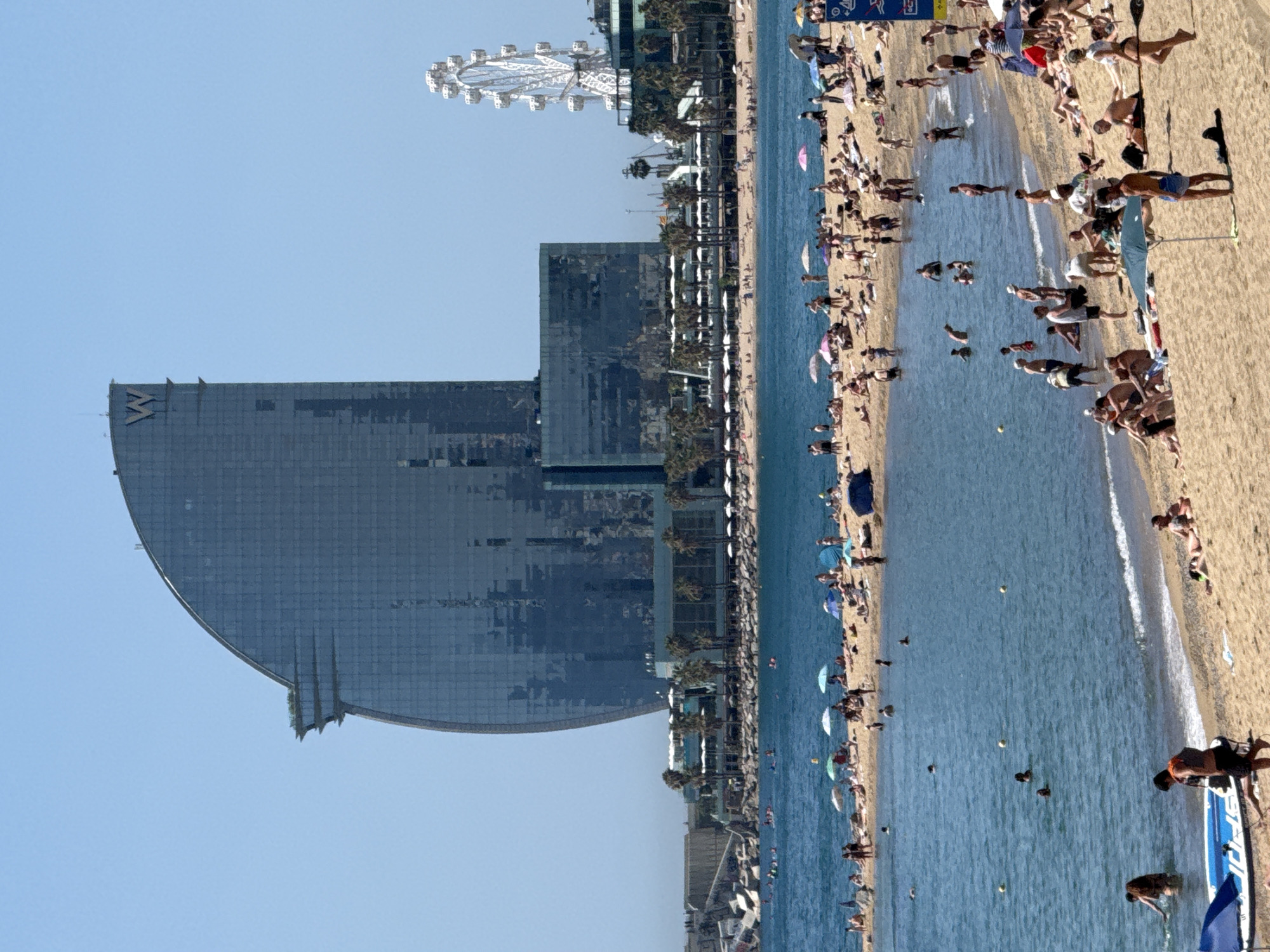 This image captures a sunny day at the beach in Barcelona, Spain, likely the Nova Icària Beach or a similar stretch along the city's coastline. In the background, the distinctive sail-shaped W Hotel stands prominently, its glass facade reflecting the clear blue sky. To its right, a white Ferris wheel, part of a waterfront amusement area, is visible. The beach itself is crowded with people, many sunbathing on towels and chairs, while others are in the water, swimming or wading. Umbrellas are scattered across the sand, providing shade. The water is a vibrant blue, and gentle waves lap at the shore. Several boats, including a paddleboard, are present near the water's edge. Palm trees line the promenade behind the beach, leading towards the hotels and other structures. The atmosphere is one of leisure and recreation on a warm summer day.