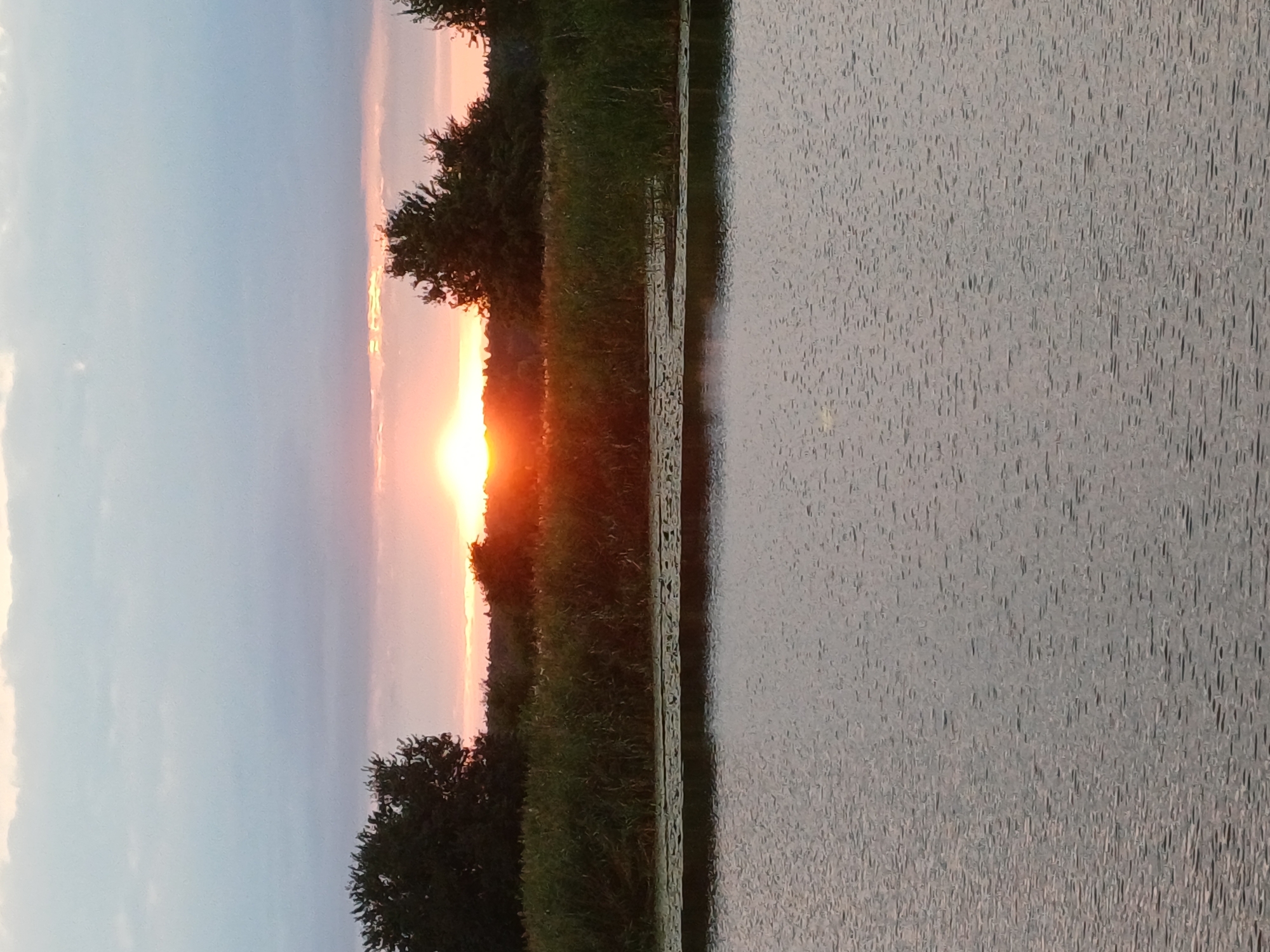 This is a photograph of a sunset over a body of water. The sun is low on the horizon, casting a warm orange glow across the sky. Clouds are present in the sky, some tinged with pink and orange from the setting sun. In the foreground, the water is calm with subtle ripples. A line of dark green reeds or tall grass runs along the far bank of the water, with trees and darker vegetation visible behind them. The overall impression is a peaceful, natural landscape at dusk. The image does not contain any specific landmarks or features that would allow for identification of a location within the city of Riga, Latvia.