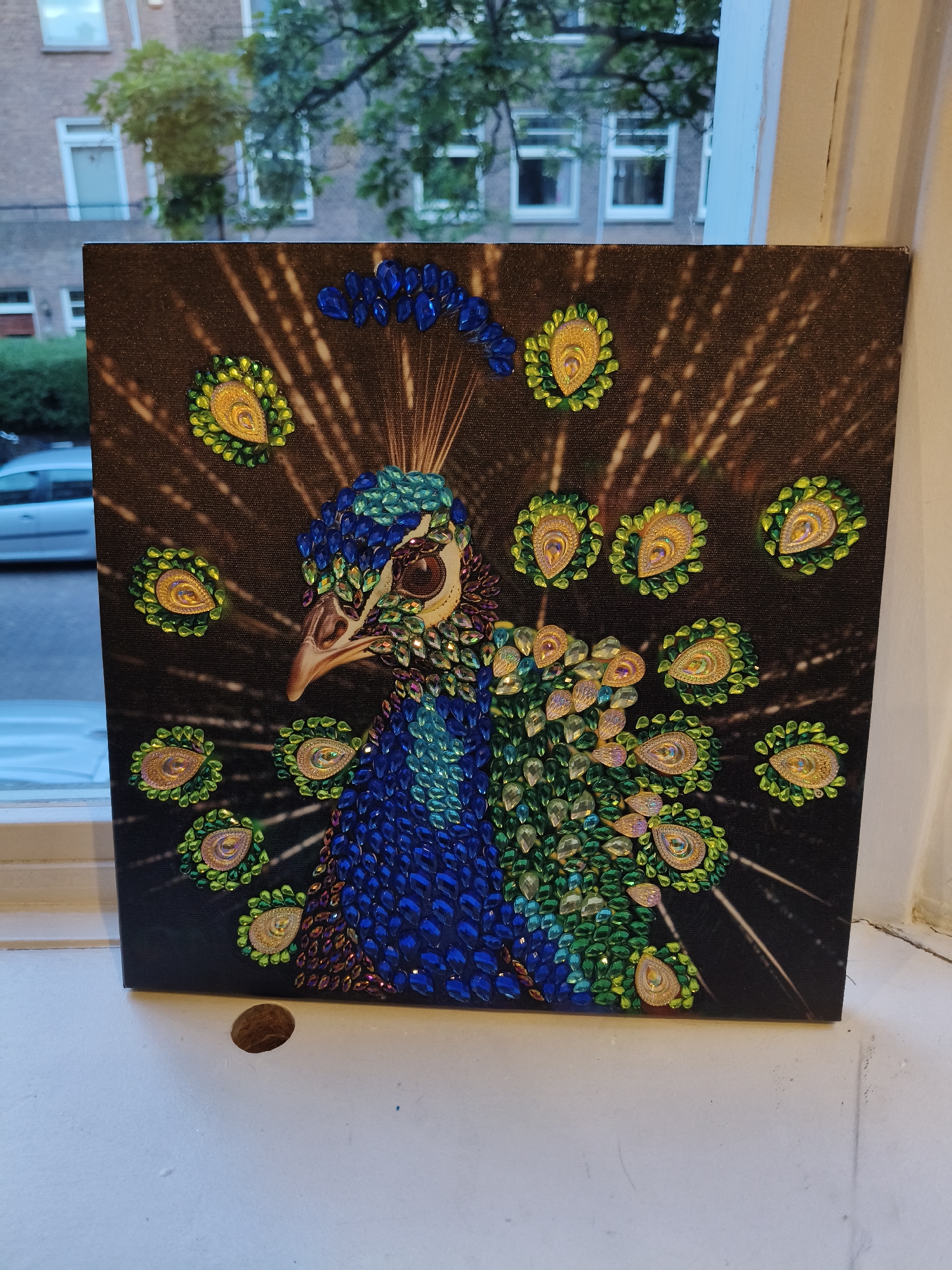 A framed artwork of a peacock is displayed on a white windowsill. The peacock is depicted with a black background, adorned with blue and green rhinestones and other embellishments, with its tail feathers fanned out. The artwork is positioned in front of a window through which a brick building with multiple windows and trees are visible. The overall setting suggests an indoor display, possibly a residential interior, with the artwork placed on a window ledge. The scene is captured during daylight. The location is the city of The Hague, Netherlands, indicated by the presence of a car visible through the window which is common in The Hague.