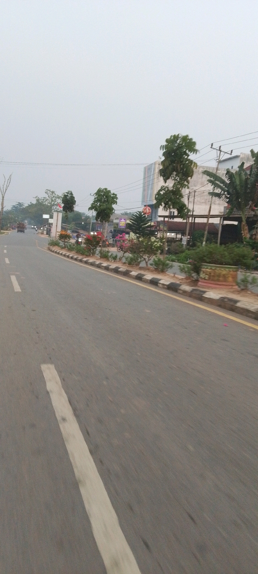 The image depicts a road in Lenggadai Hulu, Indonesia, under an overcast sky. The road is paved and features white lane markings. On the right side of the road, a raised median separates the traffic lane from a landscaped area with trees, flowering plants, and decorative planters. Behind the landscaping, a building with a large facade is visible, possibly a commercial establishment, with overhead power lines and poles. A few trees are also present in front of the building. On the left side of the road, the landscape is more sparsely vegetated, with some distant trees and structures. A truck is seen in the distance on the left side of the road. The overall scene is one of a developing or suburban area with a mix of natural and man-made elements.