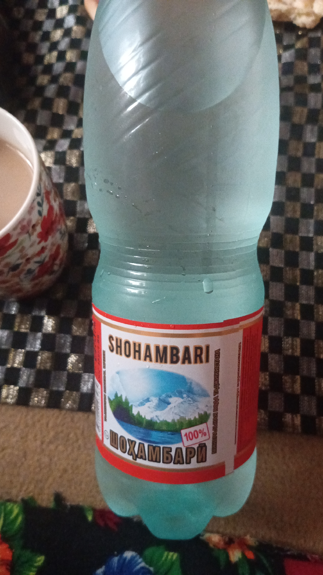 The image shows a close-up of a partially filled bottle of light blue liquid, likely water, with a label. The bottle is placed on a surface covered with a checkered cloth in black and white. To the left of the bottle, a white mug with a red and floral pattern is partially visible, containing a light brown beverage.
The label on the bottle is primarily red and white, with text and an image. The prominent text on the label reads "SHOHAMBARI" in large, dark letters. Below this, there is a picturesque image of snow-capped mountains, a body of water, and green trees. Further down, in darker, bolder letters, the text "ШОХАМБАРИ" is visible, and to its right, a small red square with "100%" written in white. There is also some vertical text on the right side of the label which is difficult to read in detail. The bottle itself has a textured surface and condensation droplets are visible on it.
The scene appears to be indoors, suggested by the checkered tablecloth which could be a placemat or part of a table covering. The lighting is somewhat dim, and the focus is on the bottle and its label. No people are visible in the frame, and no specific time of day or weather conditions can be determined. The overall impression is a casual setting where a drink is being presented.