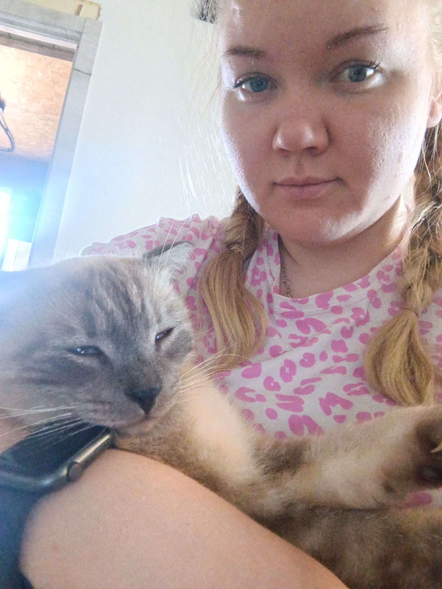 A woman with blonde braids is holding a gray and brown cat. She is wearing a pink and white leopard print shirt. The cat is resting on her arm, and she is wearing a black smartwatch. The background is a white wall with a glimpse of a doorway. The location is not identifiable as Фоки, Russia from the visual information.